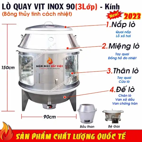  CẤU TẠO & CHẤT LIỆU LÒ QUAY VỊT INOX 90 Kính