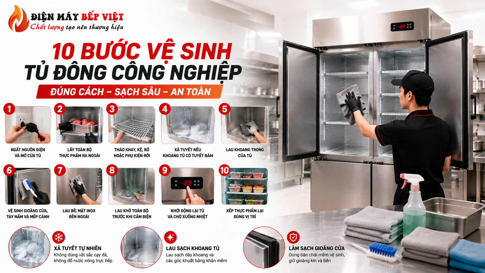 Nhân viên đang thực hiện các bước vệ sinh tủ đông công nghiệp inox trong bếp nhà hàng với quy trình xả tuyết, lau khoang tủ và vệ sinh gioăng cửa đúng cách.