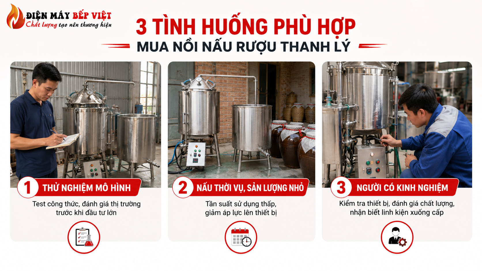 Ba tình huống phù hợp mua nồi nấu rượu thanh lý với hình ảnh thực tế thiết bị inox 304 dùng để thử nghiệm mô hình, nấu sản lượng nhỏ và kiểm tra máy cũ trước khi đầu tư.
