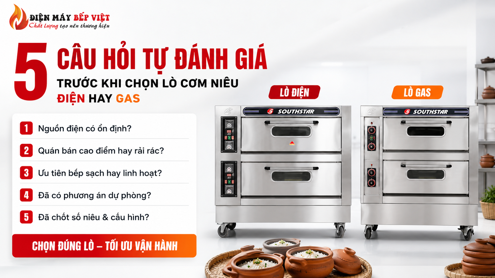 Ảnh minh họa 5 câu hỏi tự đánh giá trước khi chọn lò nấu cơm niêu điện hay gas, gồm checklist nhu cầu vận hành và hai mẫu lò inox cho quán ăn.
