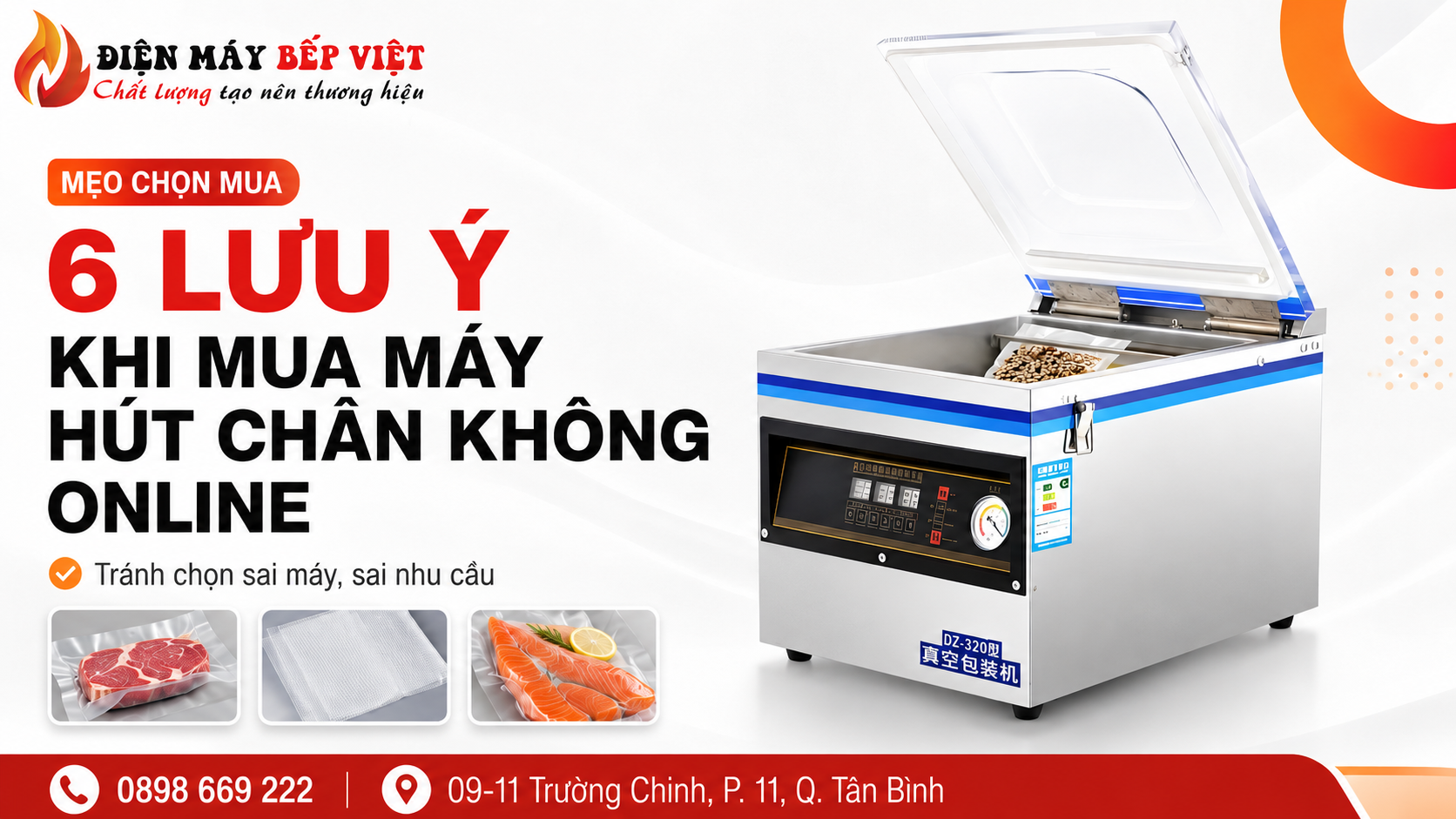 Máy hút chân không inox được minh họa trong banner “6 lưu ý khi mua máy hút chân không online” của Điện Máy Bếp Việt, kèm hotline và địa chỉ tư vấn.