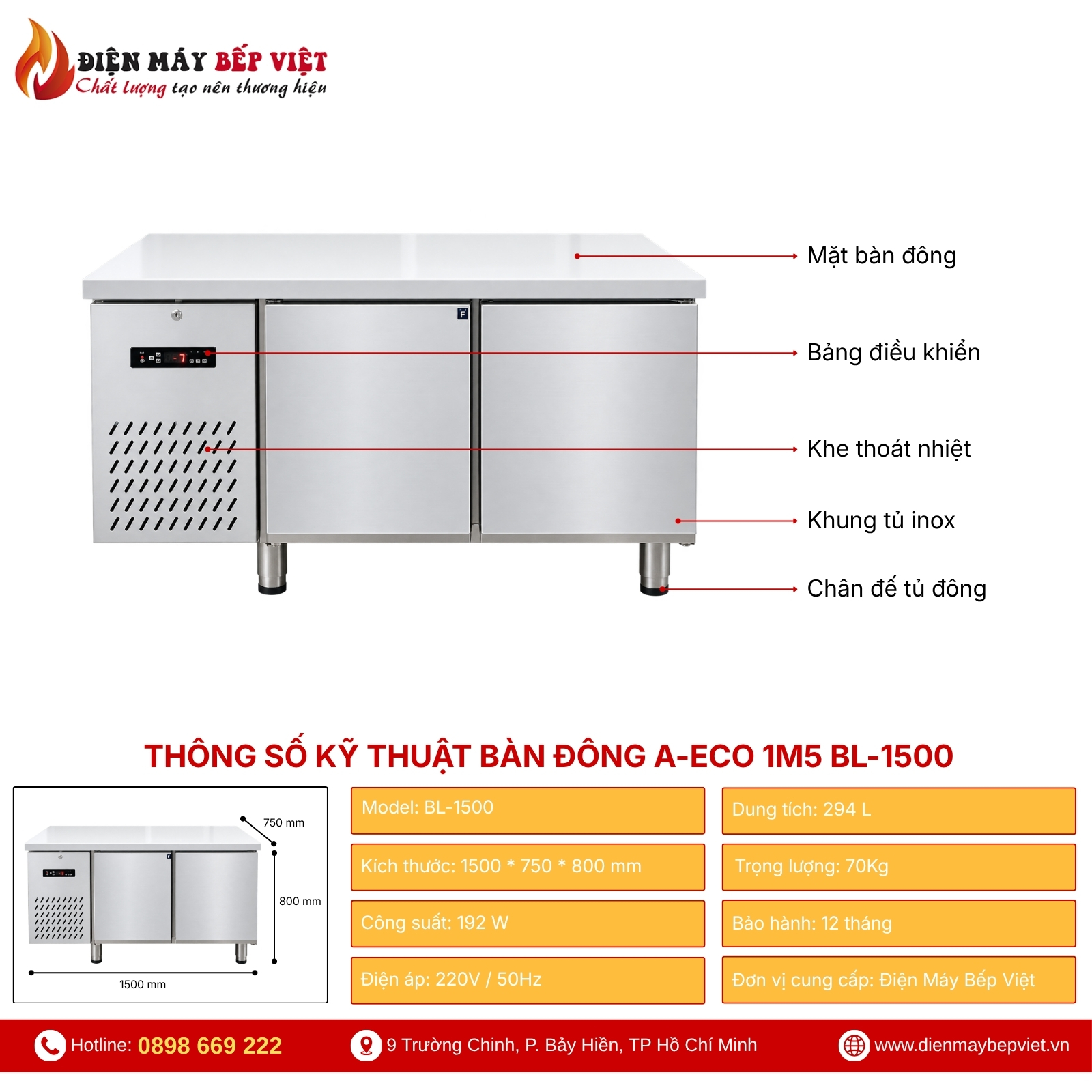 Bàn Đông A-ECO 1M5 BL-1500 Dung Tích 294L