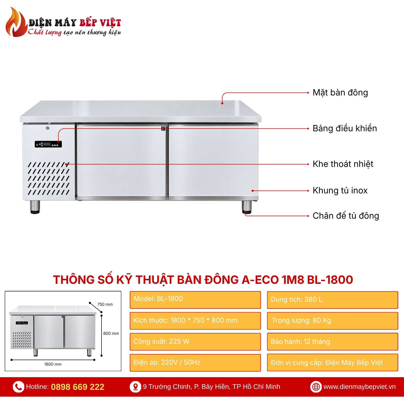 Bàn Đông A-ECO 1M8 BL-1800 Dung Tích 380L