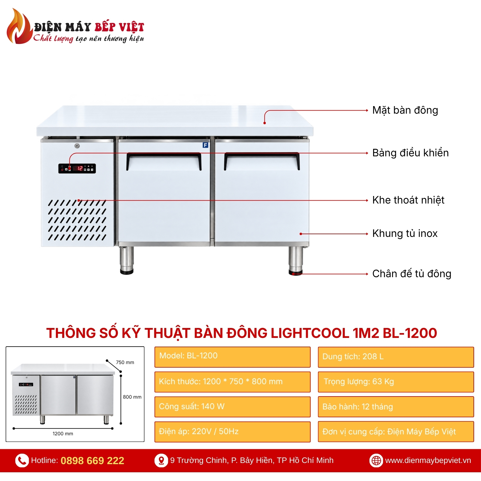 Bàn Đông Công Nghiệp Lightcool 1M2 BL-1200 208L