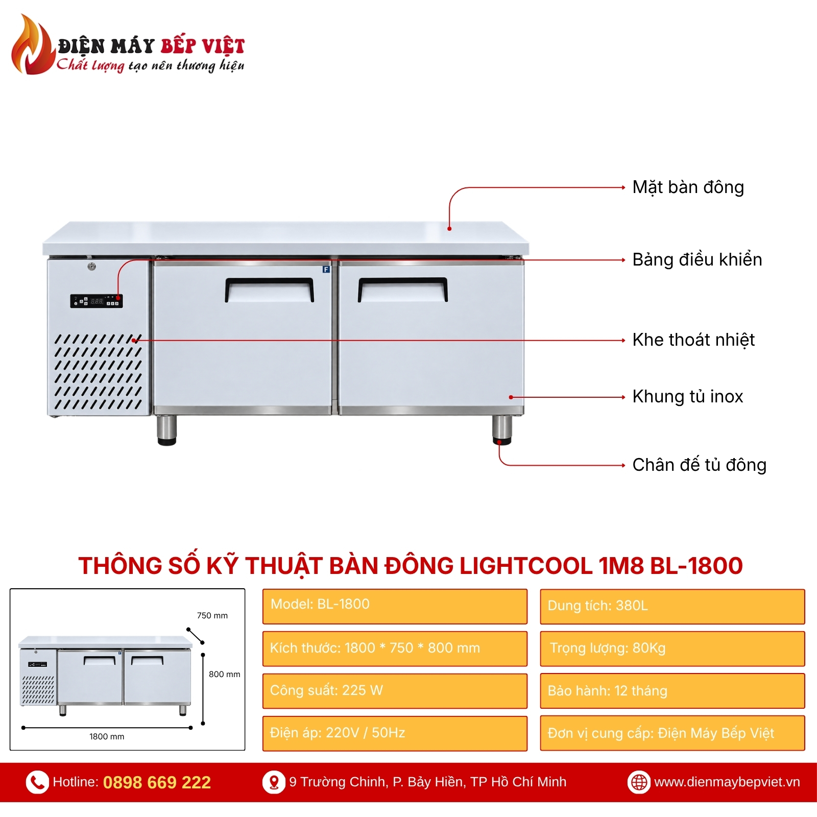 Bàn Đông Công Nghiệp Lightcool 1M8 BL-1800 380L