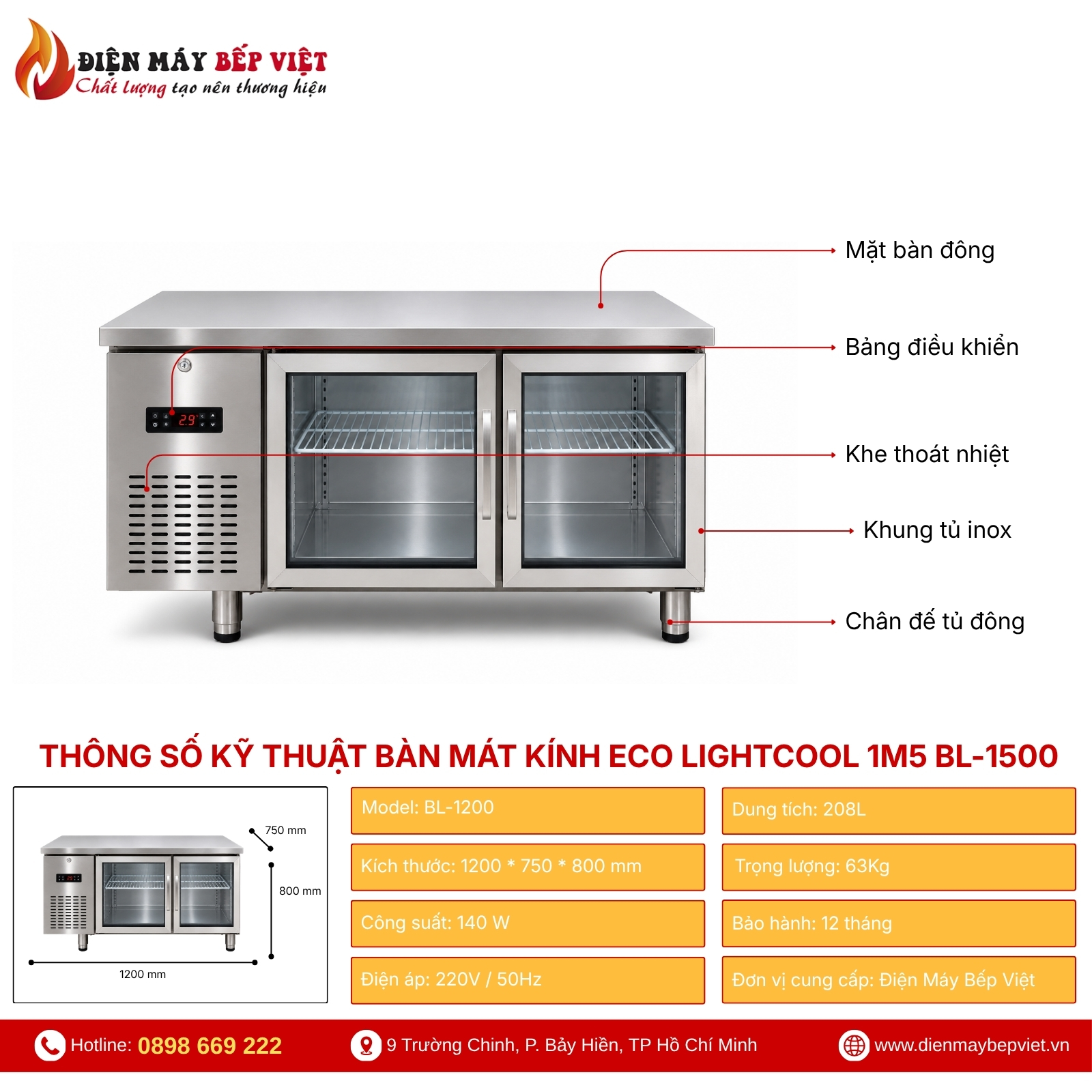 Bàn Mát Cửa Kính ECO Lightcool 1M2 BL-1200 208L