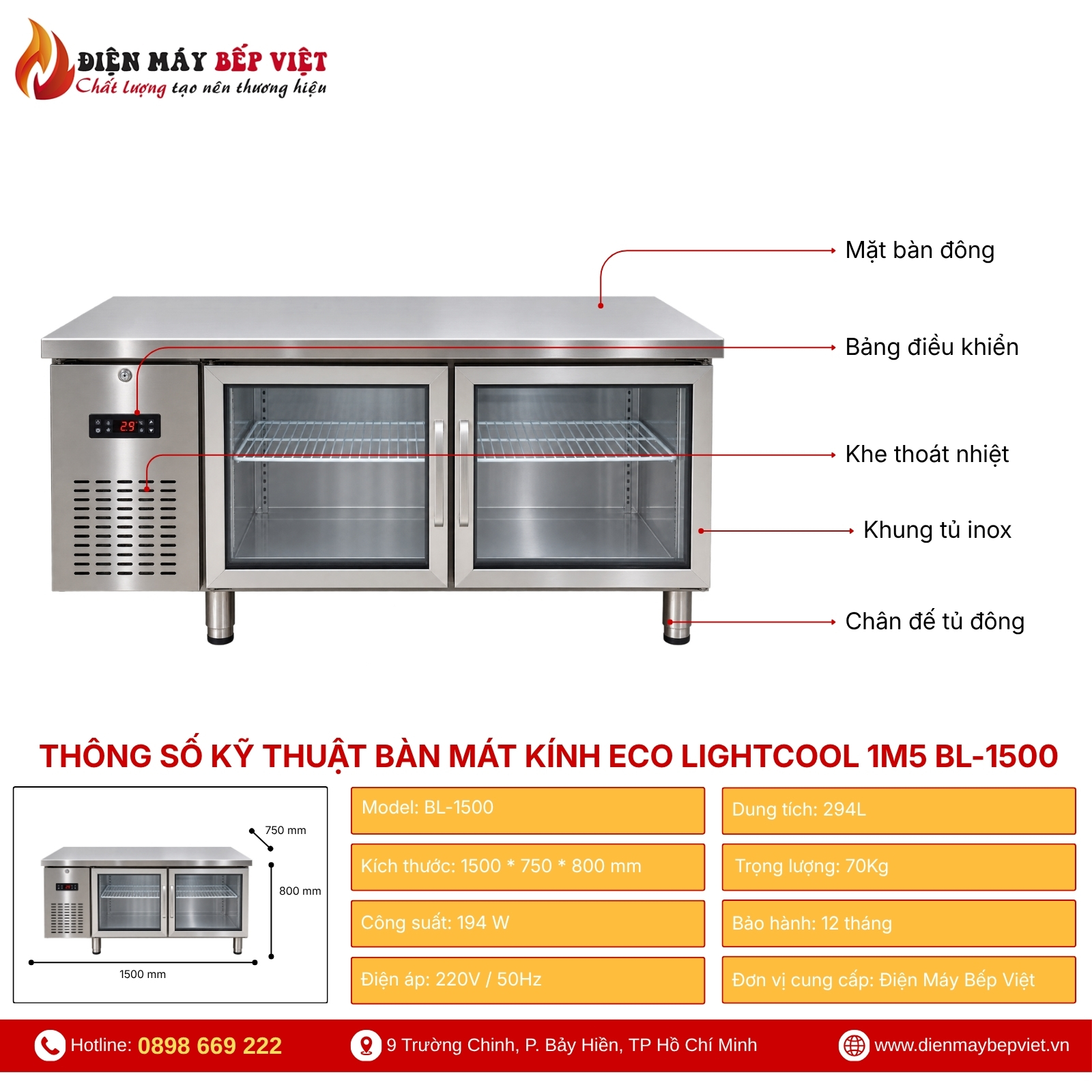 Bàn Mát Cửa Kính ECO Lightcool 1M5 BL-1500 294L