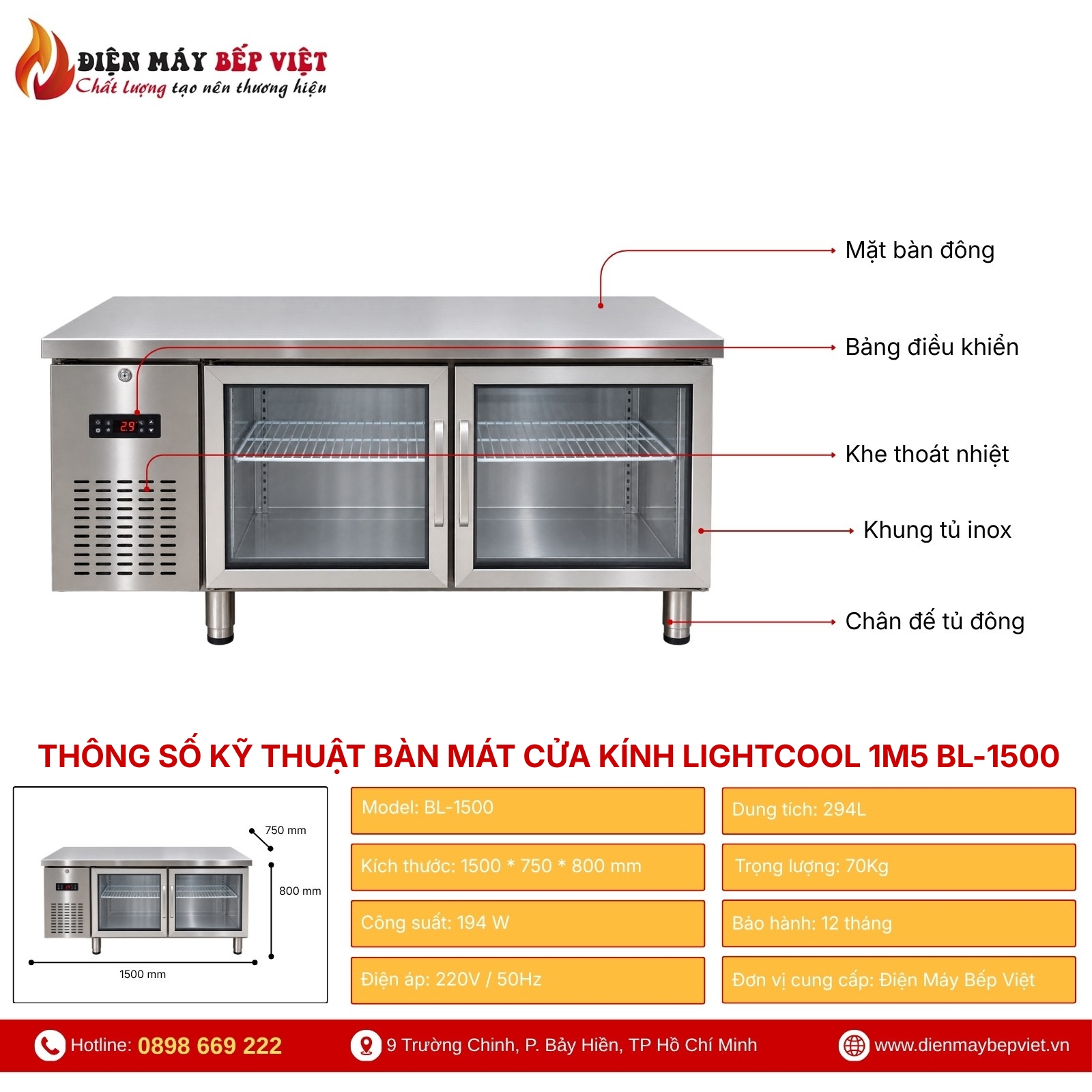 Bàn Mát Cửa Kính Lightcool 1M5 BL-1500 294L