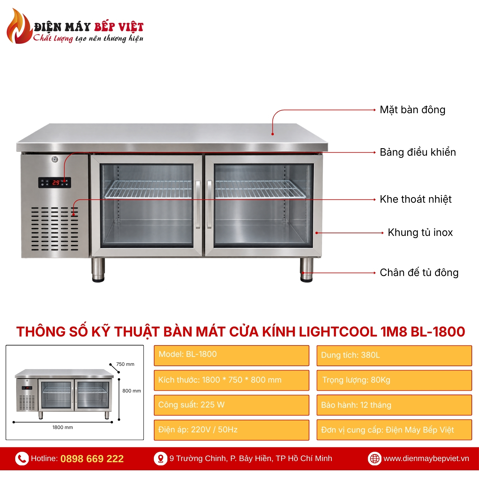 Bàn Mát Cửa Kính Lightcool 1M8 BL-1800 380L