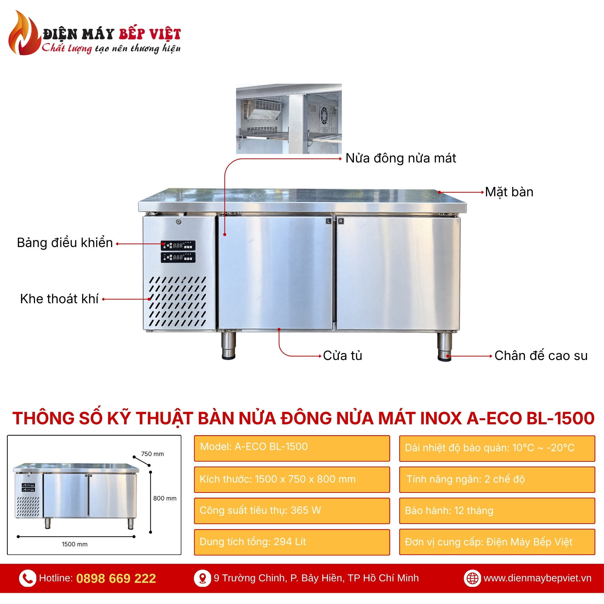 Bàn Nửa Đông Nửa Mát Inox A-ECO BL-1500