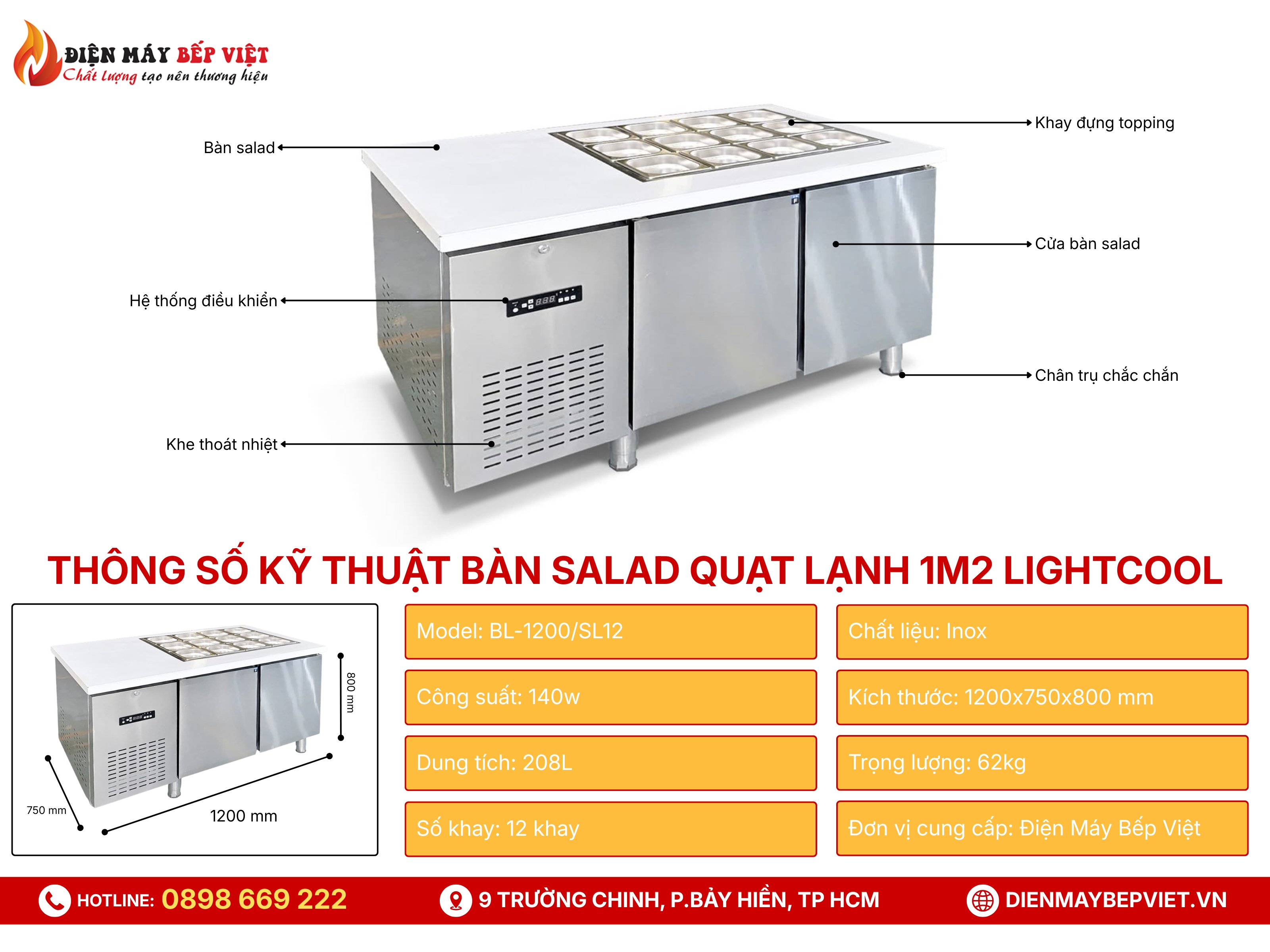 Bàn Salad Quạt Lạnh 1m2 Lightcool BL-1200/SL12