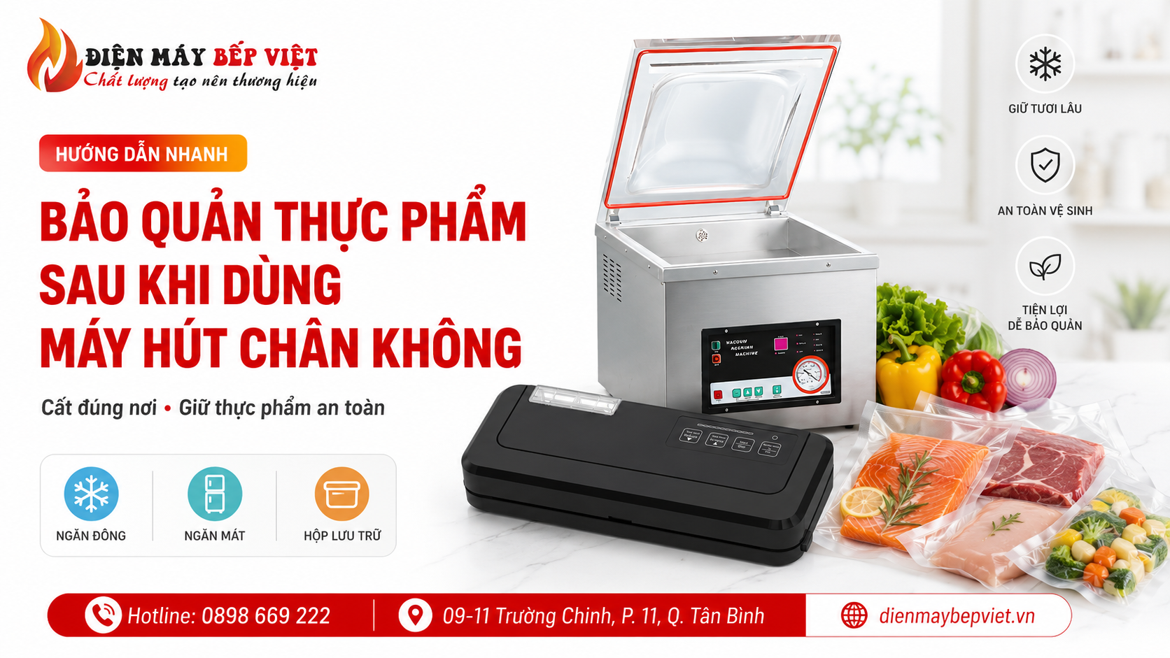 Máy hút chân không và túi thực phẩm đóng gói minh họa cách bảo quản thực phẩm sau khi dùng máy hút chân không đúng nơi để giữ an toàn và độ tươi.