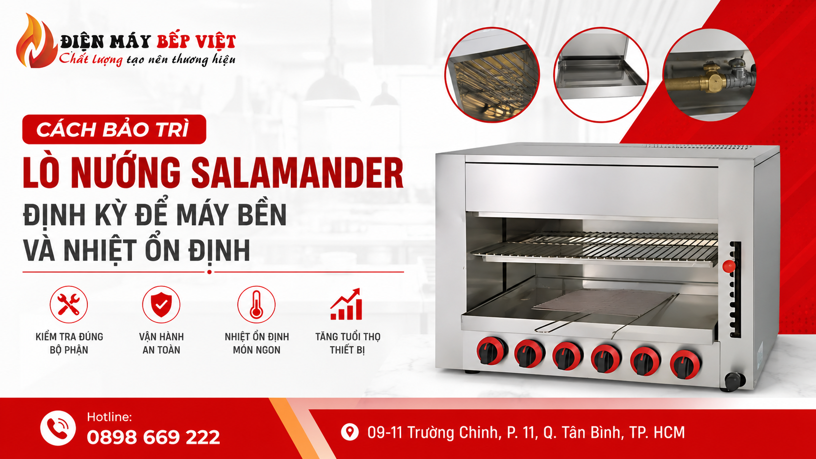Banner bảo trì lò Salamander định kỳ với lò nướng Salamander inox công nghiệp, minh họa kiểm tra thanh nhiệt, khay hứng mỡ và hệ thống gas tại Điện Máy Bếp Việt.