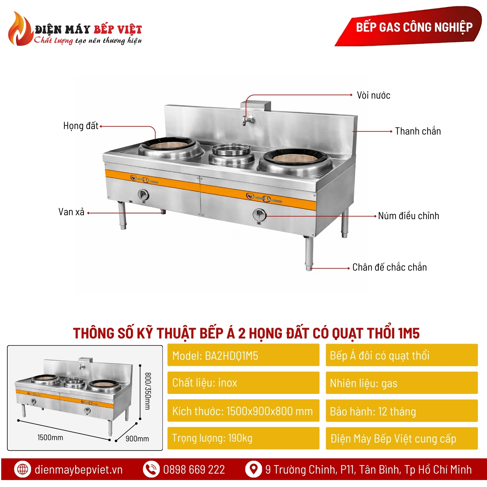 Bếp Á 2 Họng Đất Có Quạt Thổi 1m5