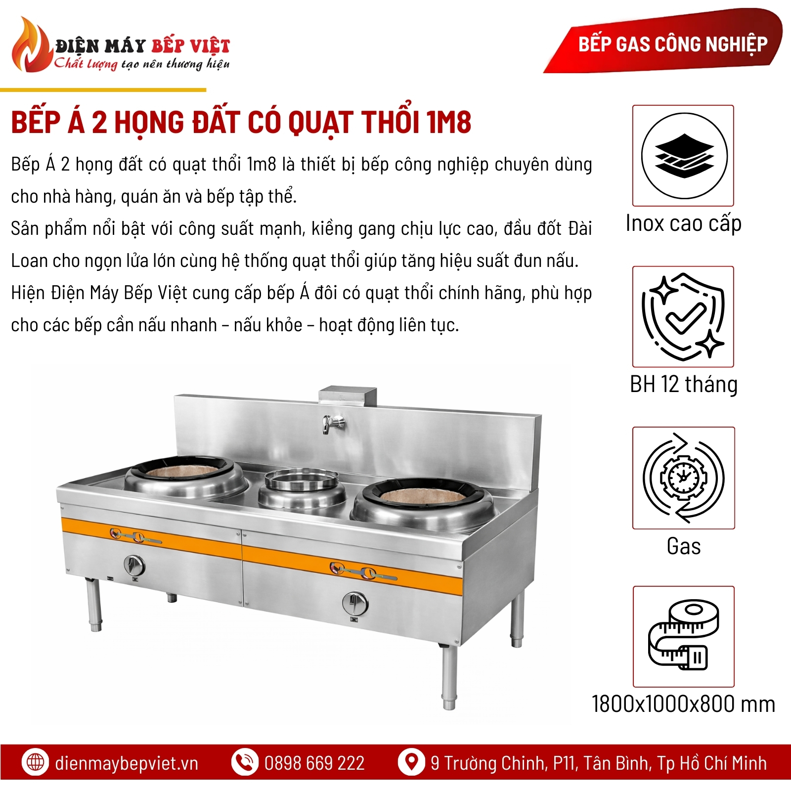 Bếp Á 2 Họng Đất Có Quạt Thổi 1m8