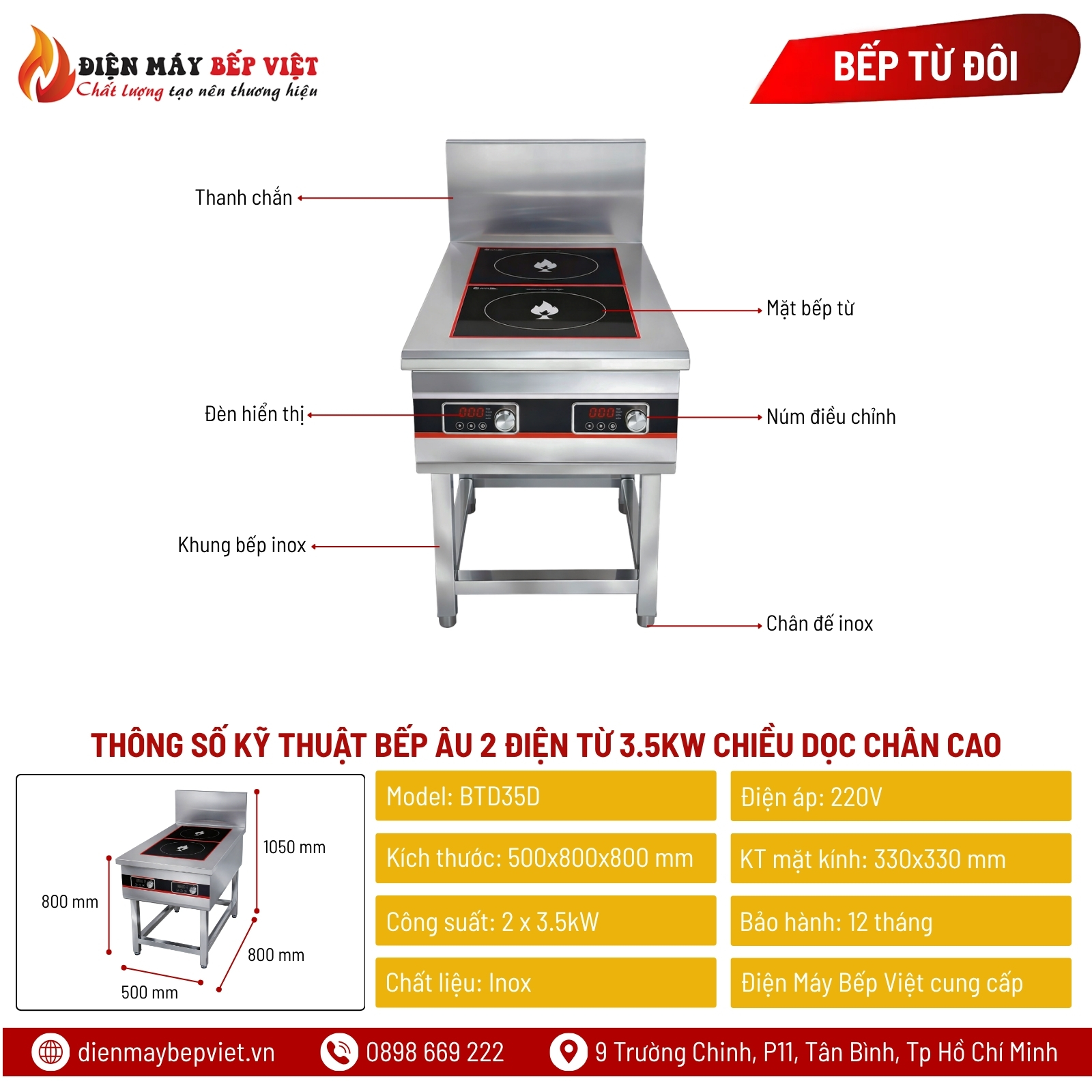 Bếp Âu 2 Điện Từ 3.5kW Chiều Dọc Chân Cao