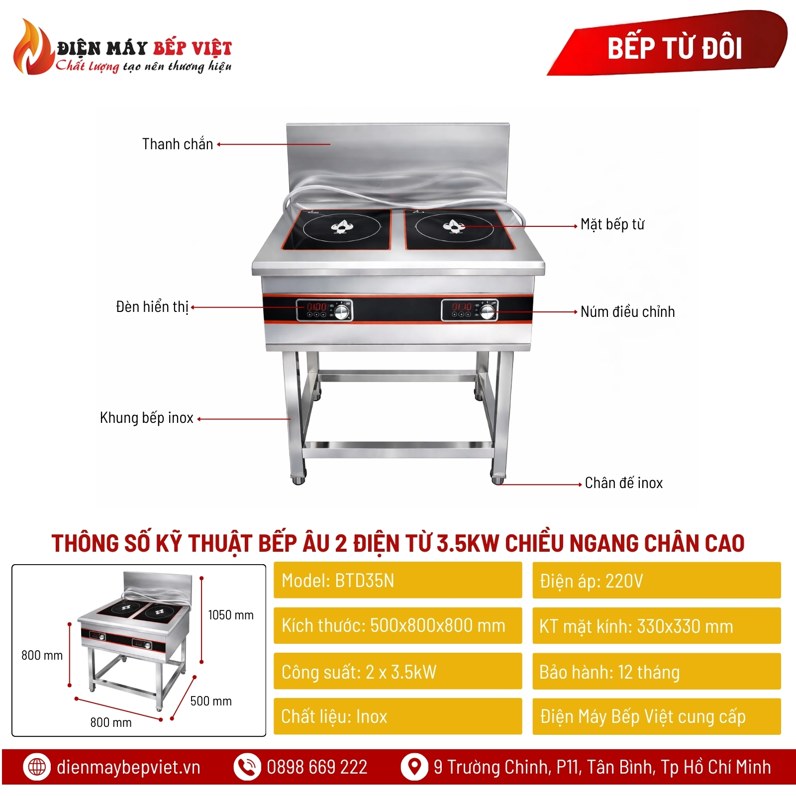 Bếp Âu 2 Điện Từ 3.5kW Chiều Ngang Chân Cao