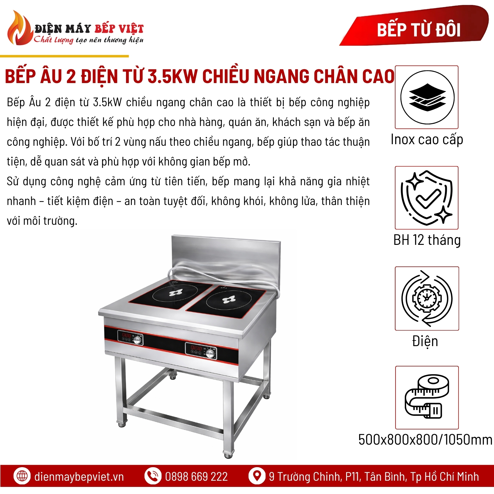 Bếp Âu 2 Điện Từ 3.5kW Chiều Ngang Chân Cao