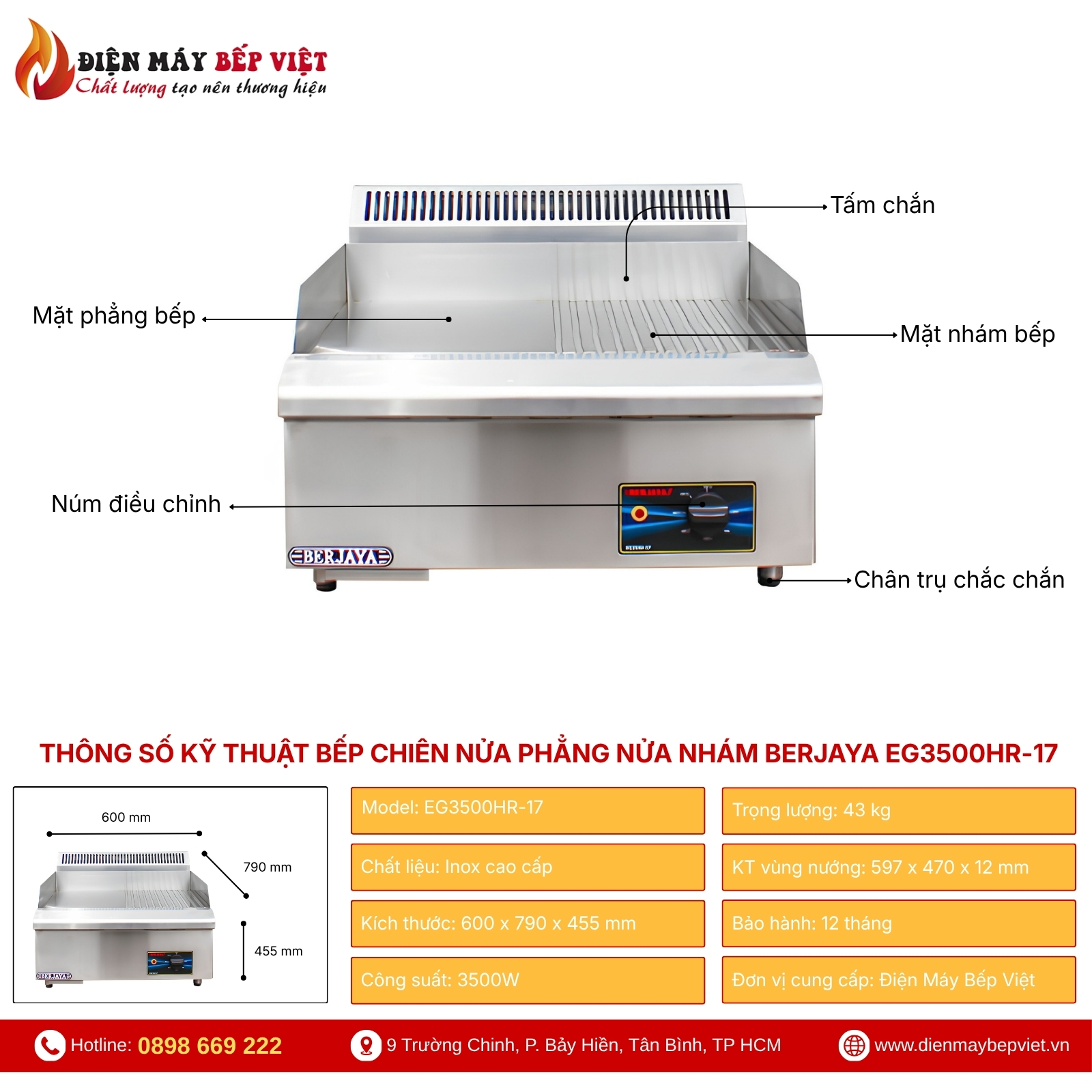 Bếp Chiên Nửa Phẳng Nửa Nhám Dùng Điện Berjaya EG3500HR-17