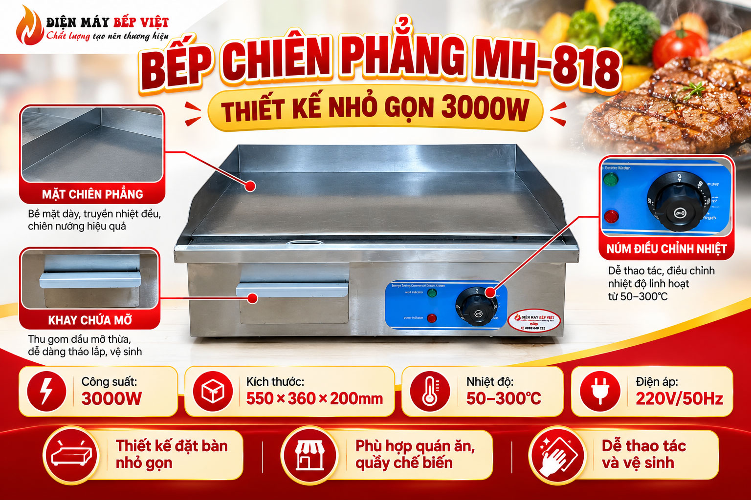 Infographic bếp chiên phẳng điện MH-818 công suất 3000W, kích thước 550 x 360 x 200mm