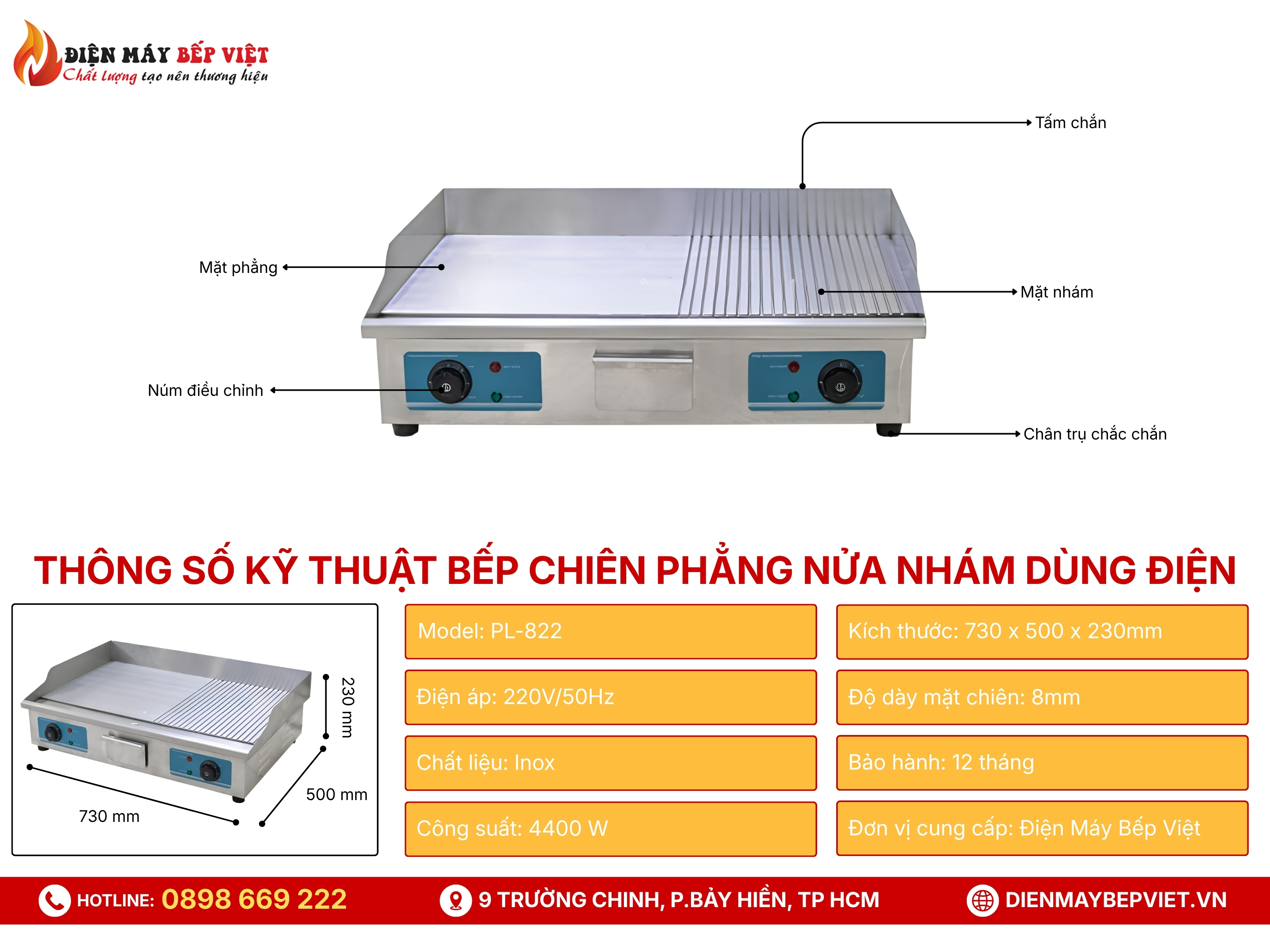 Bếp Chiên Phẳng Nửa Nhám Dùng Điện PL-822