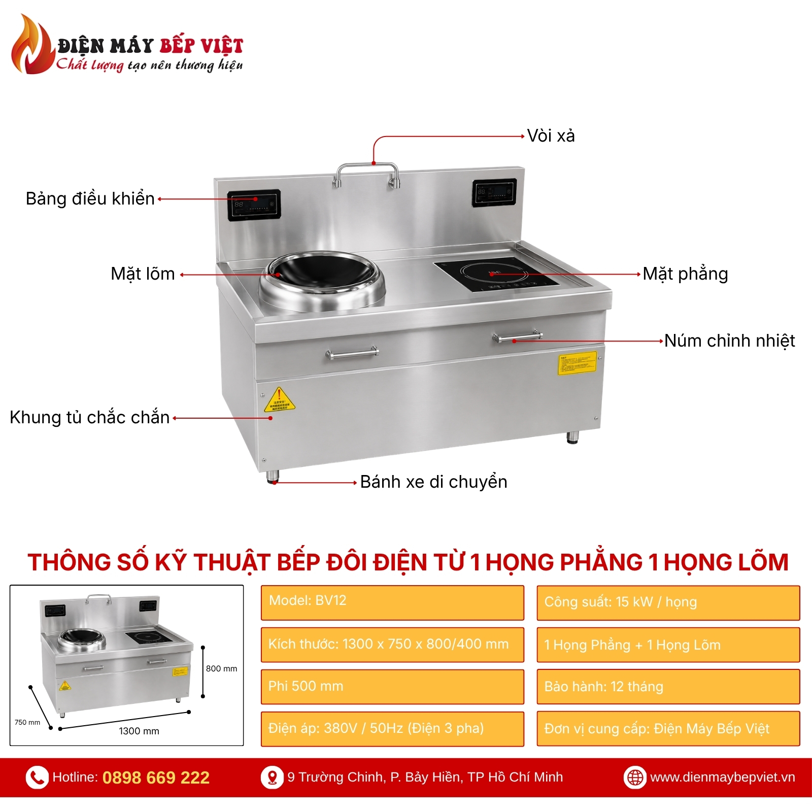 Bếp Đôi Điện Từ 1 Họng Phẳng 1 Họng Lõm BV12