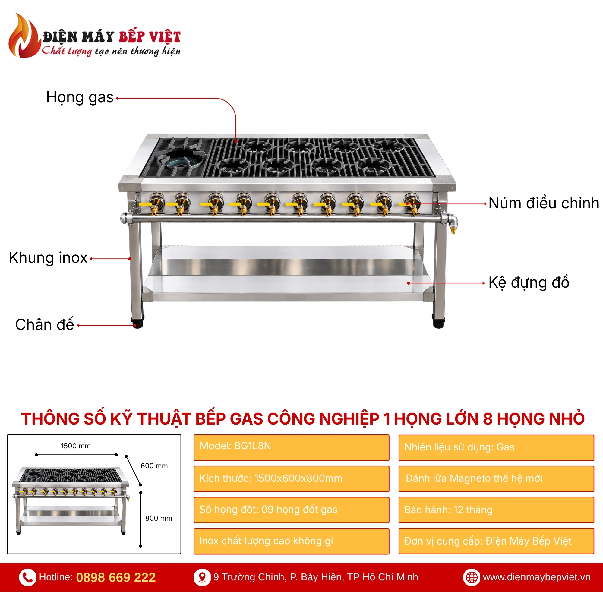 Bếp gas chín họng với một họng lớn và tám họng nhỏ