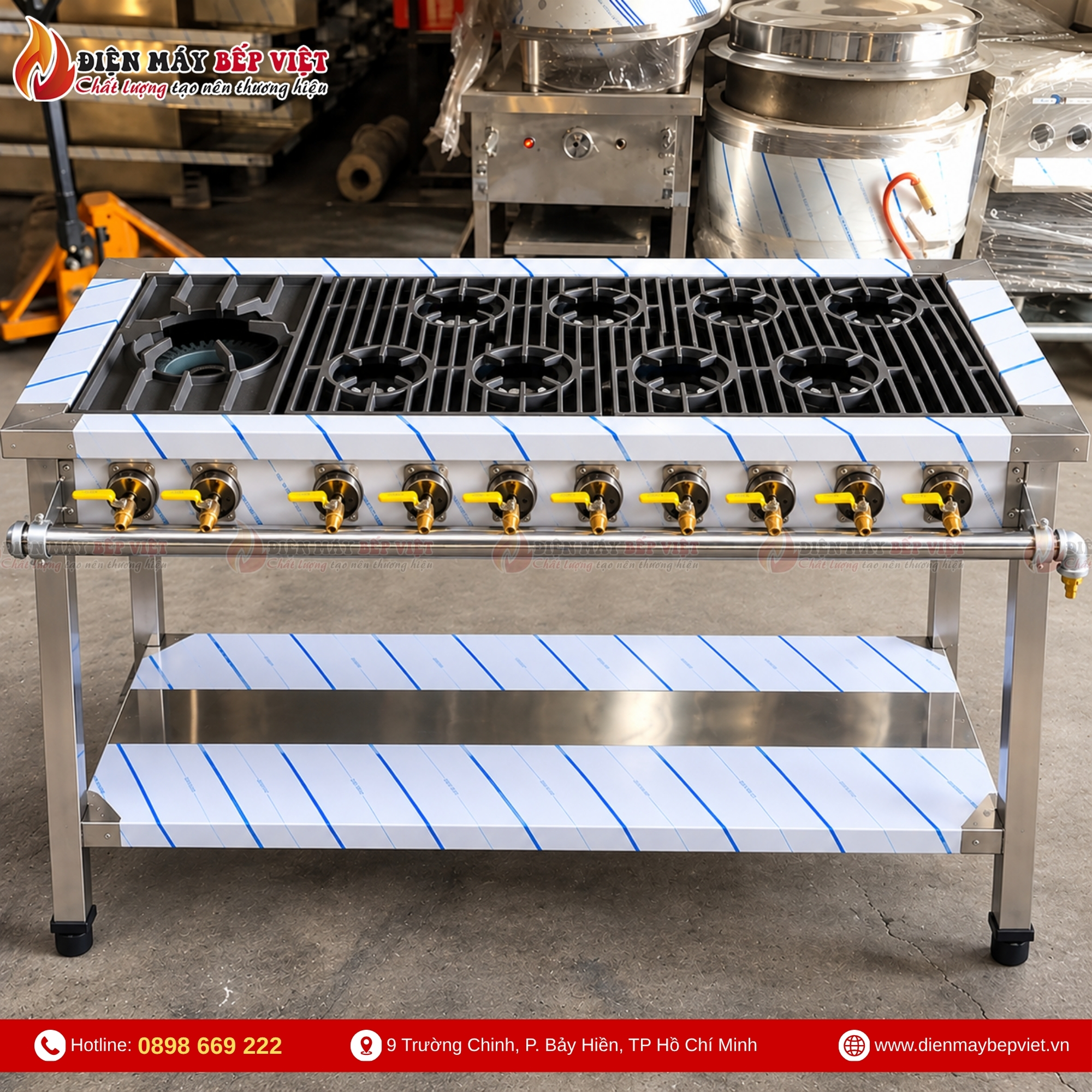 Bếp gas công nghiệp 1 họng lớn 8 họng nhỏ thân inox