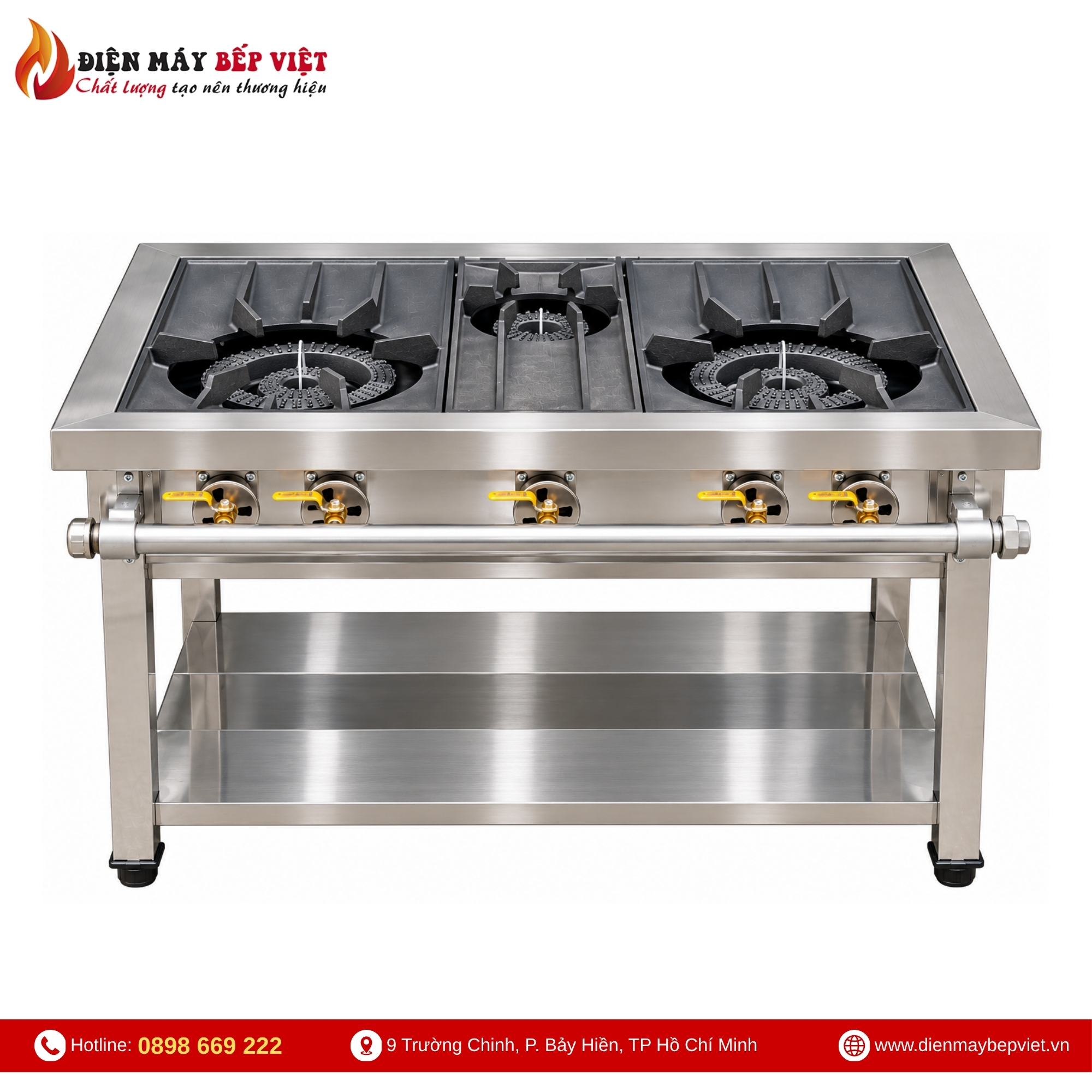 Bếp gas 2 họng lớn 1 họng nhỏ kích thước 900x600x800mm tại Điện Máy Bếp Việt