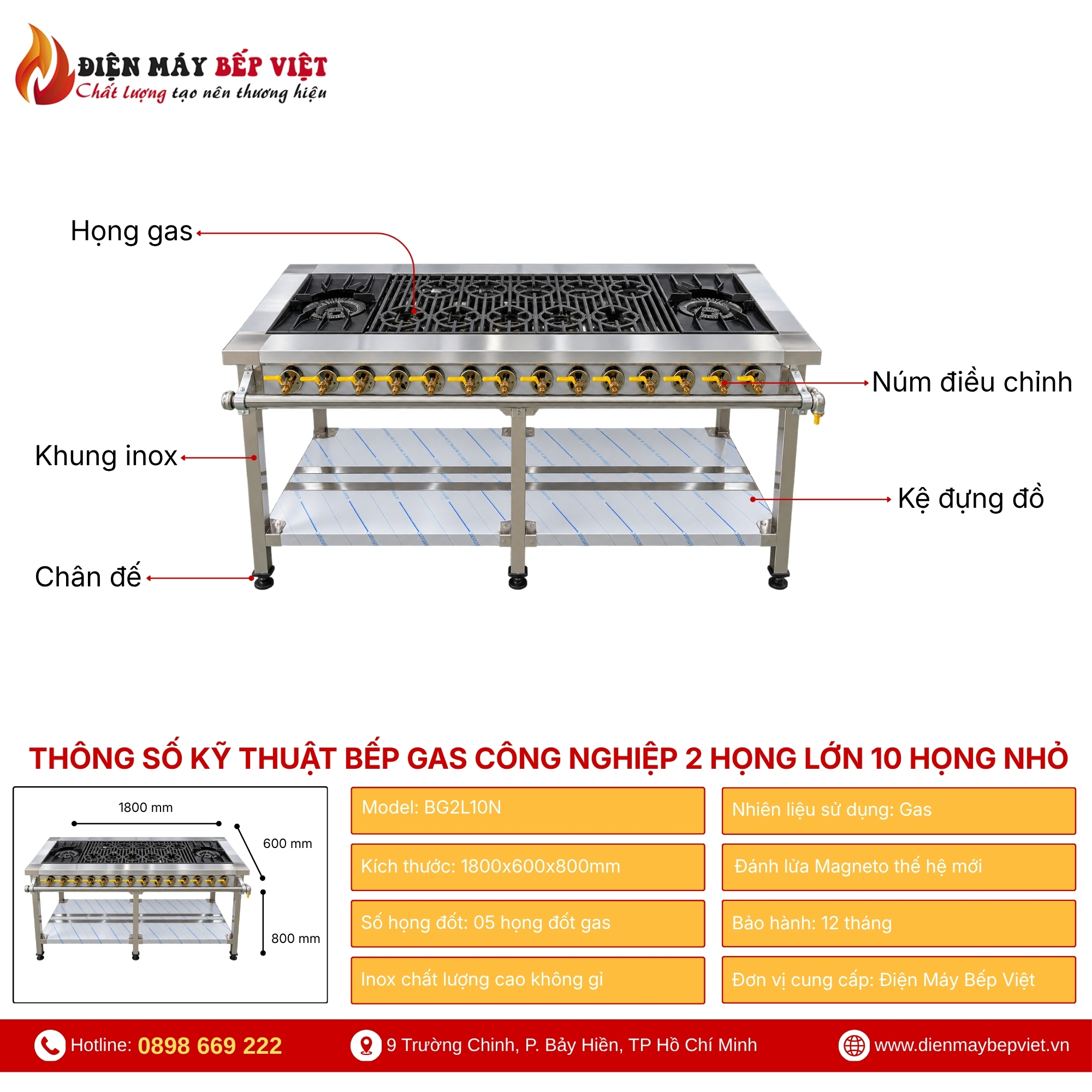 Bếp Gas Công Nghiệp 2 Họng Lớn 10 Họng Nhỏ