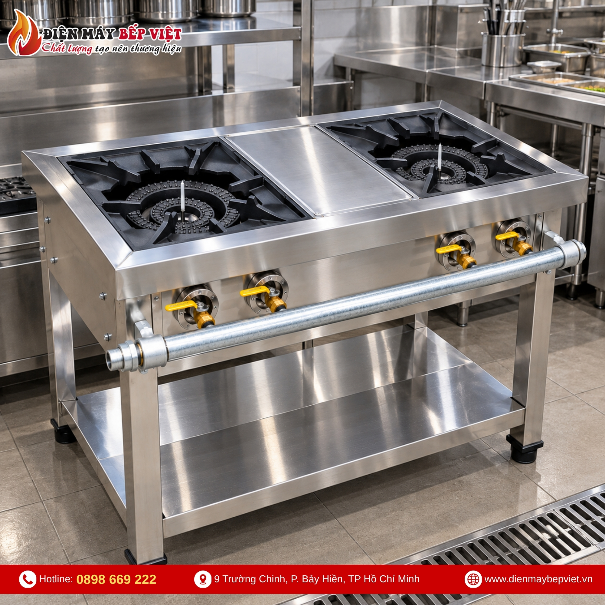 Bếp gas công nghiệp hai họng lớn thân inox