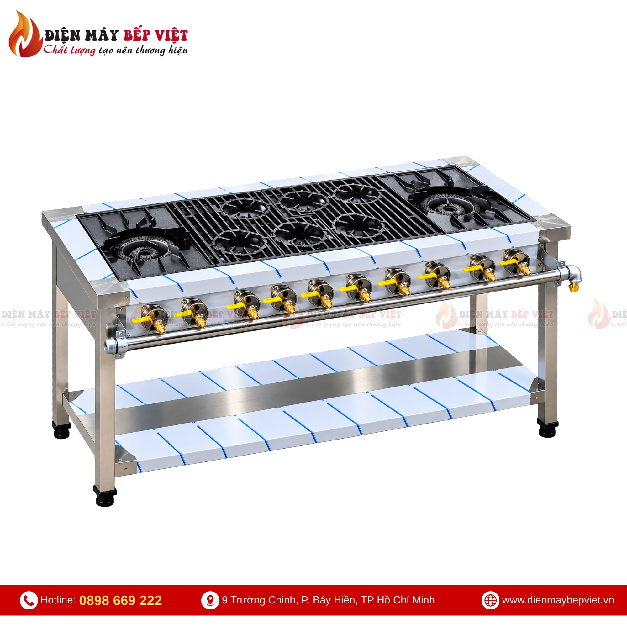 Bếp gas công nghiệp 2 họng lớn 6 họng nhỏ kích thước 1500x600x800mm