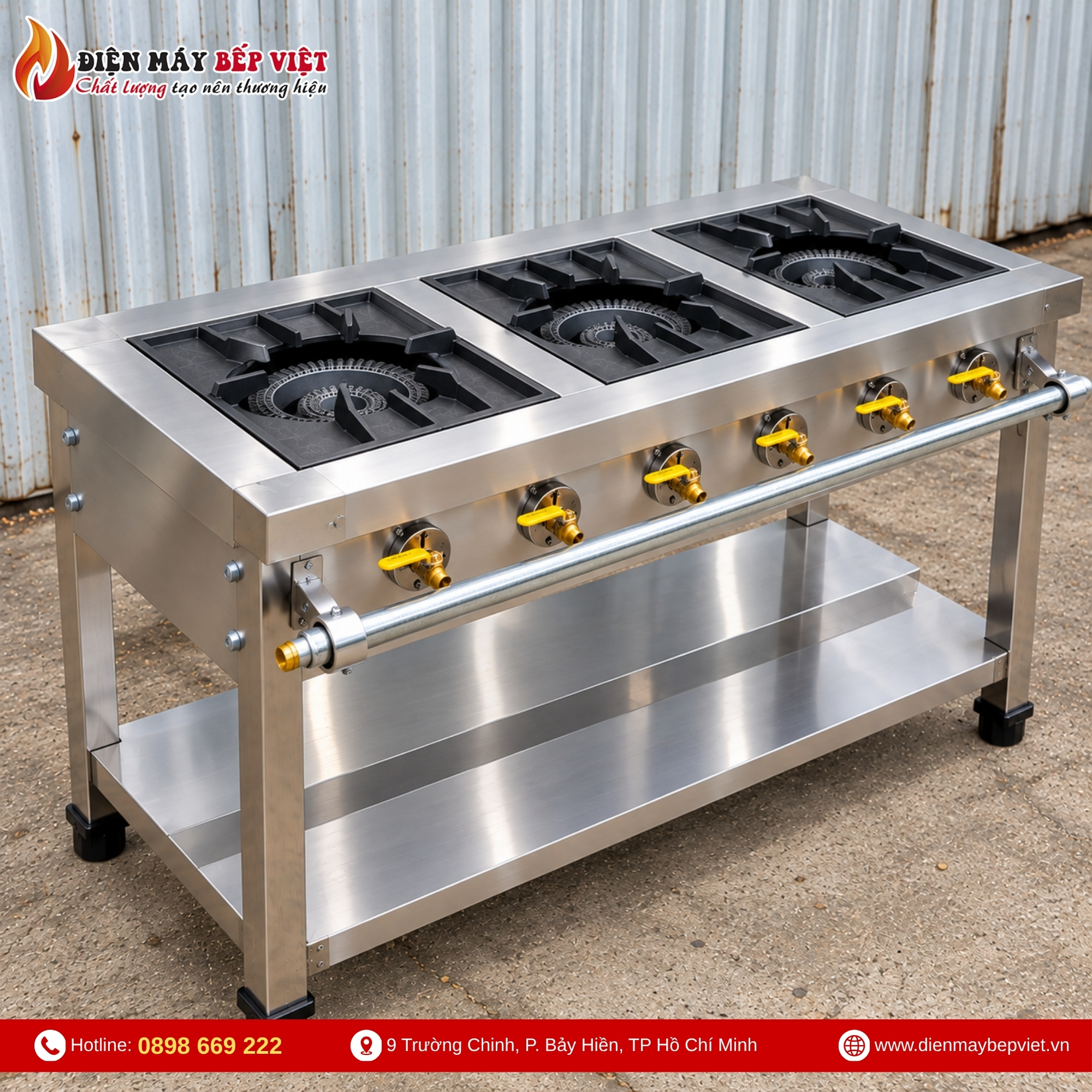 Bếp gas công nghiệp 3 họng lớn kích thước 1200x600x800mm