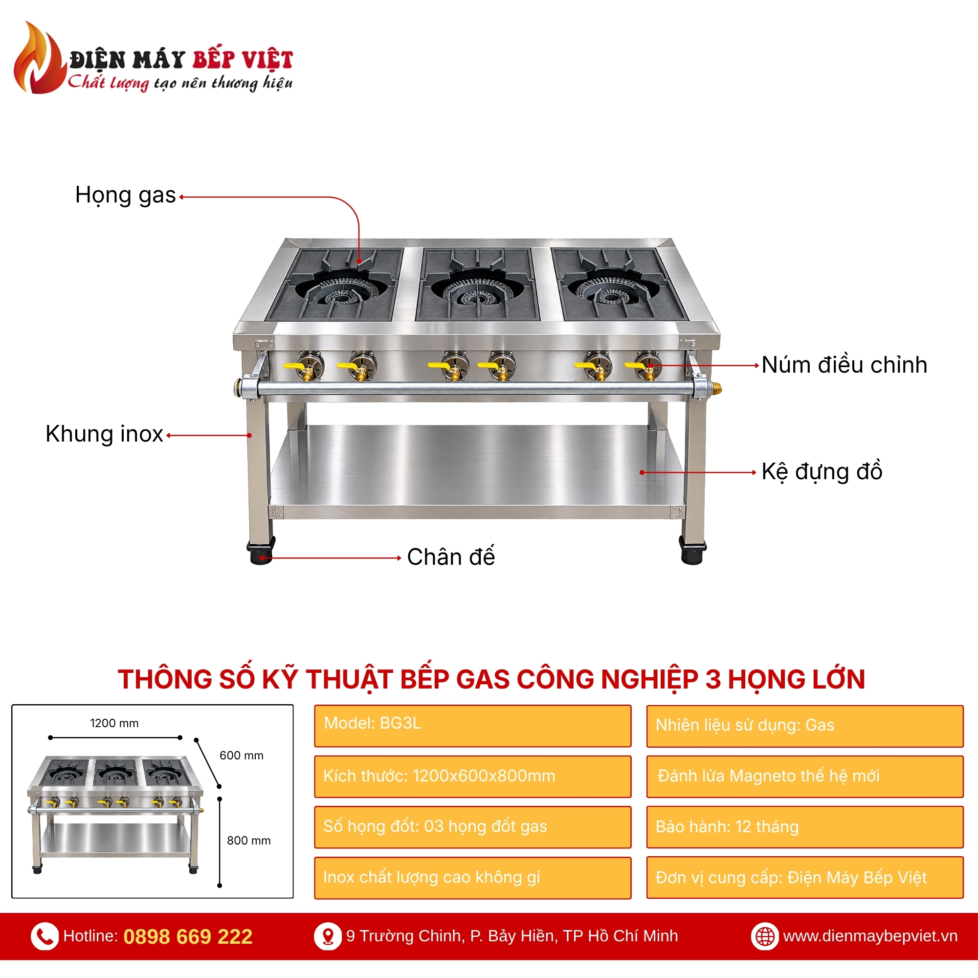Bếp gas công nghiệp ba họng lớn của Điện Máy Bếp Việt