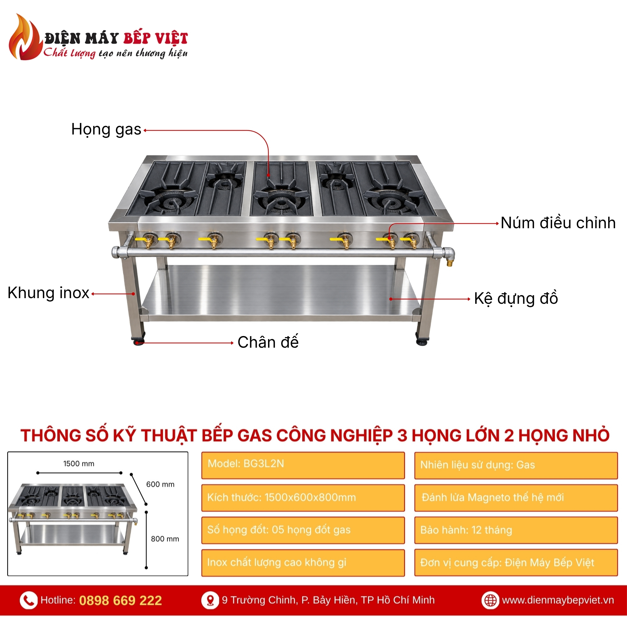 Bếp gas công nghiệp 3 họng lớn 2 họng nhỏ kích thước 1500x600x800mm