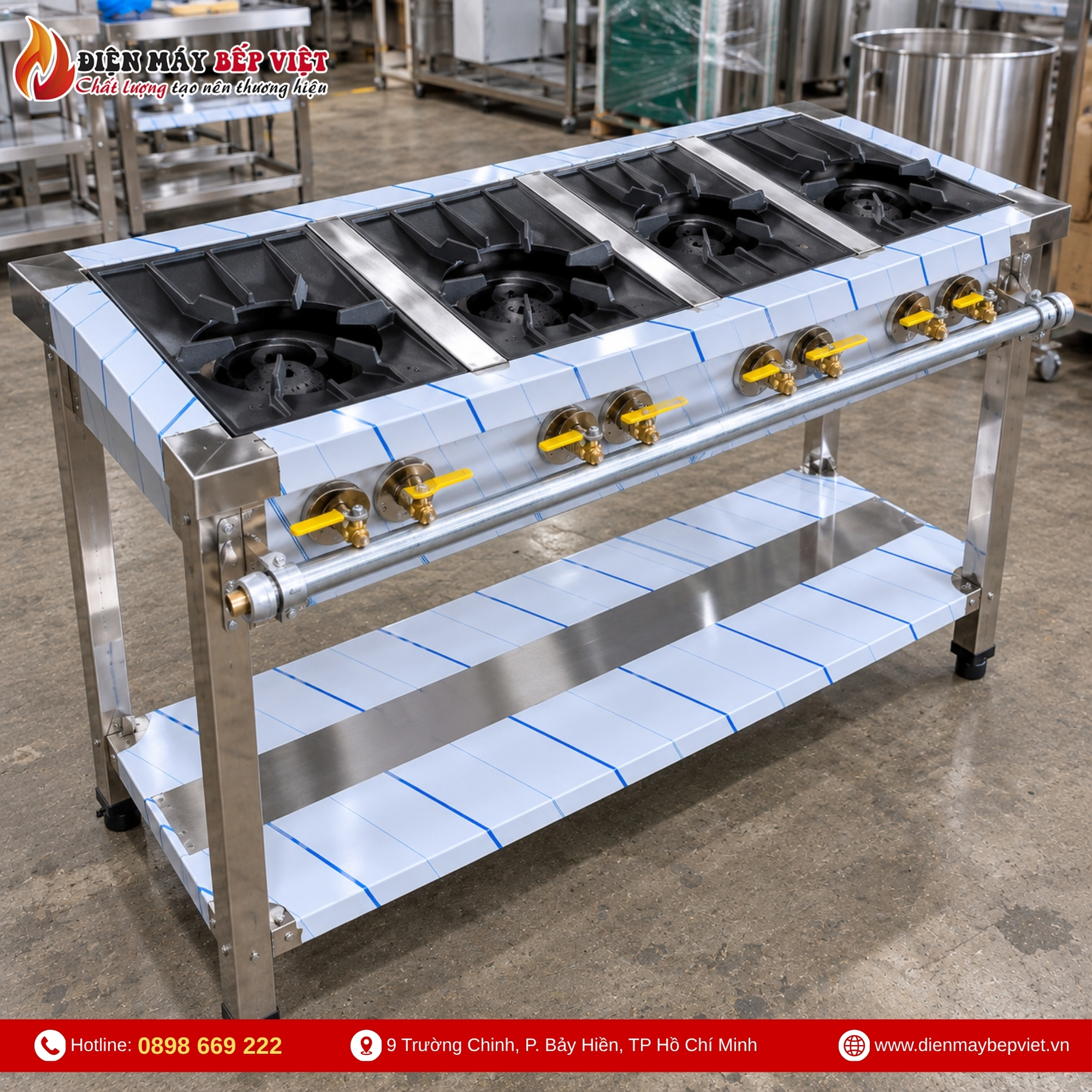 Bếp gas công nghiệp 4 họng lớn kích thước 1500x600x800mm
