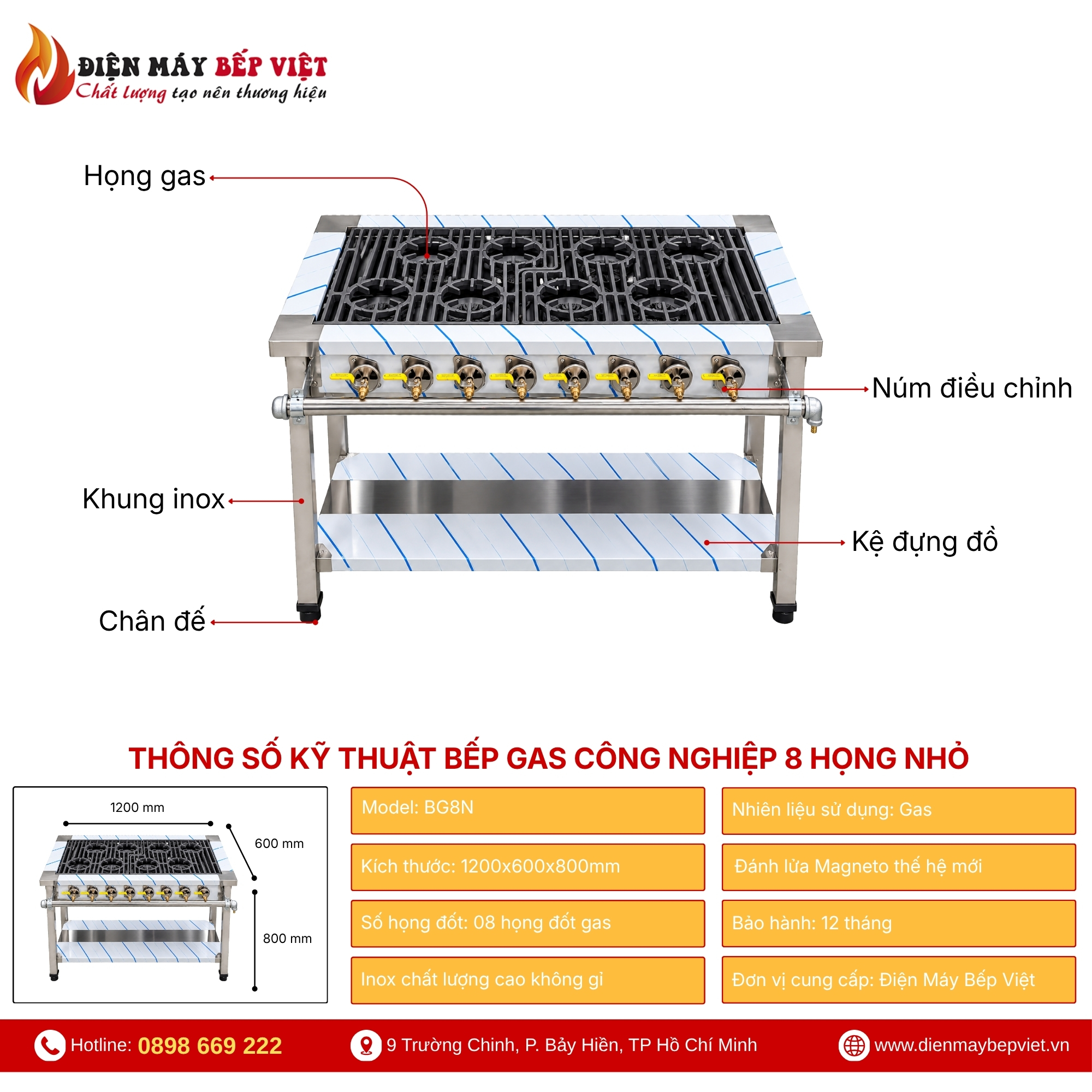 Bếp gas tám họng nhỏ thân inox của Điện Máy Bếp Việt