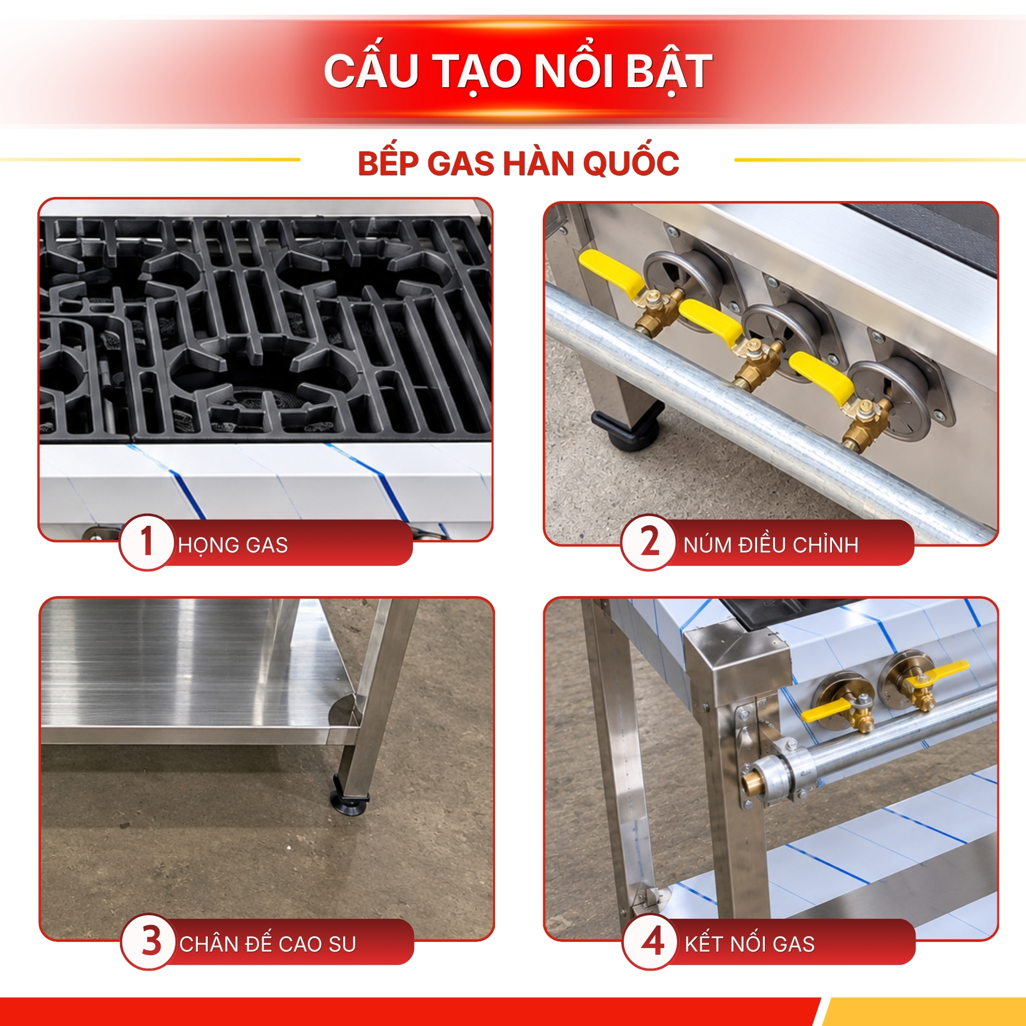 Bếp gas 8 họng nhỏ với các vị trí đun nấu