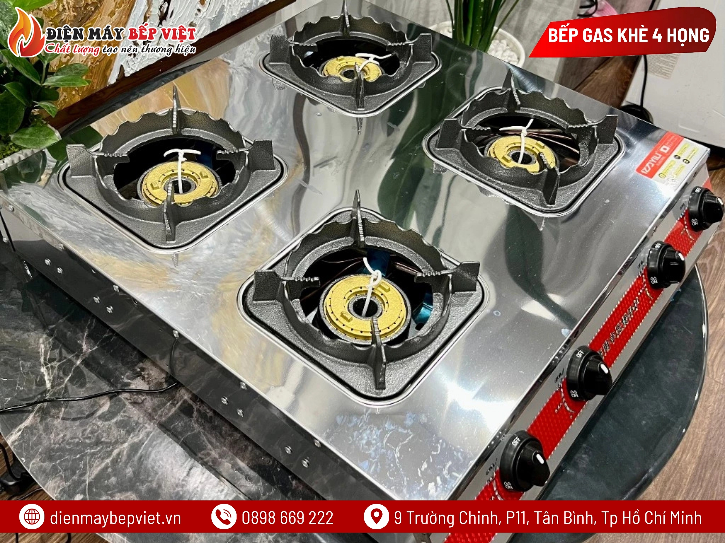 Bếp Gas Công Nghiệp Khè 4 Họng Vuông