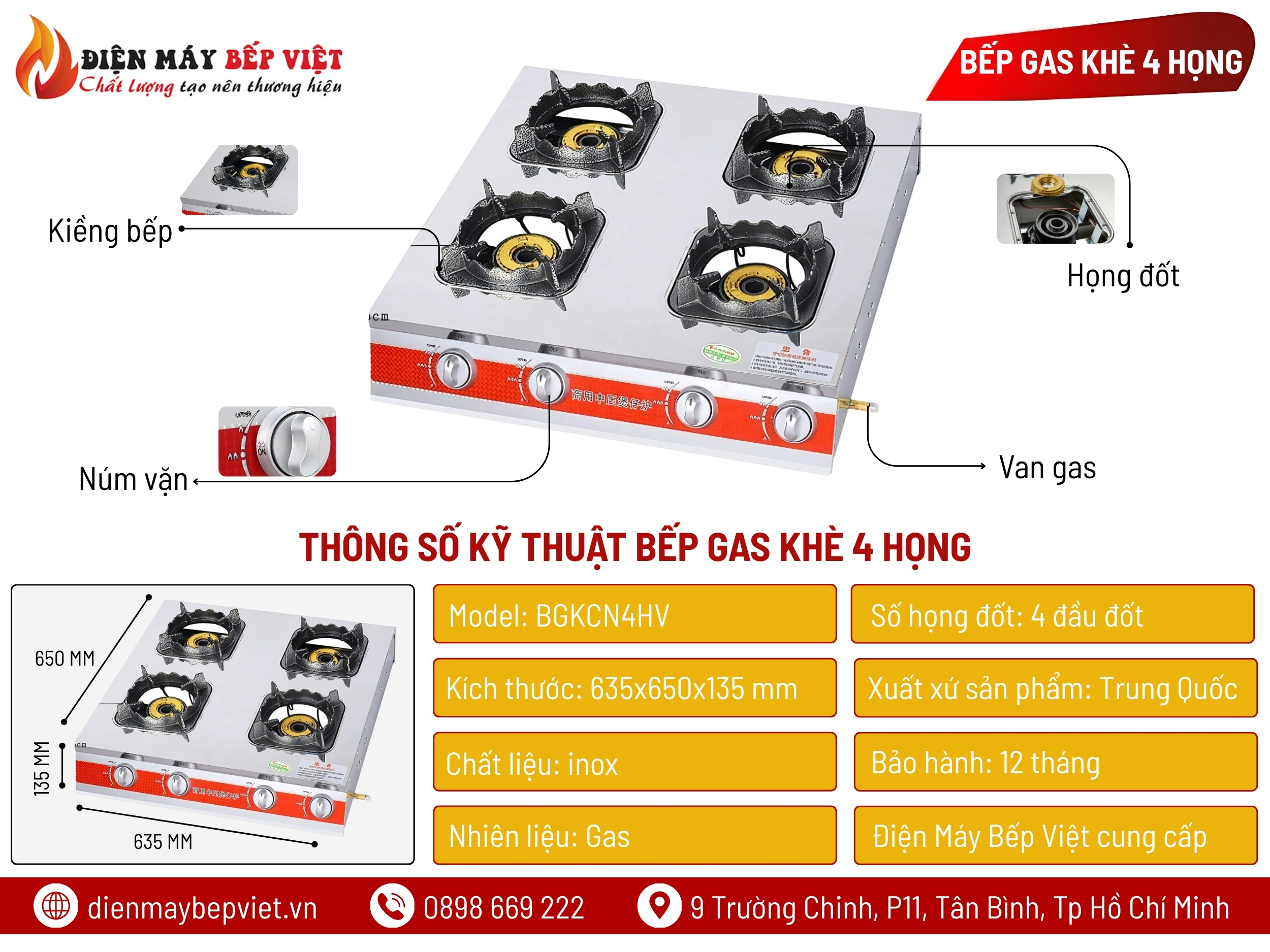 Bếp Gas Công Nghiệp Khè 4 Họng Vuông