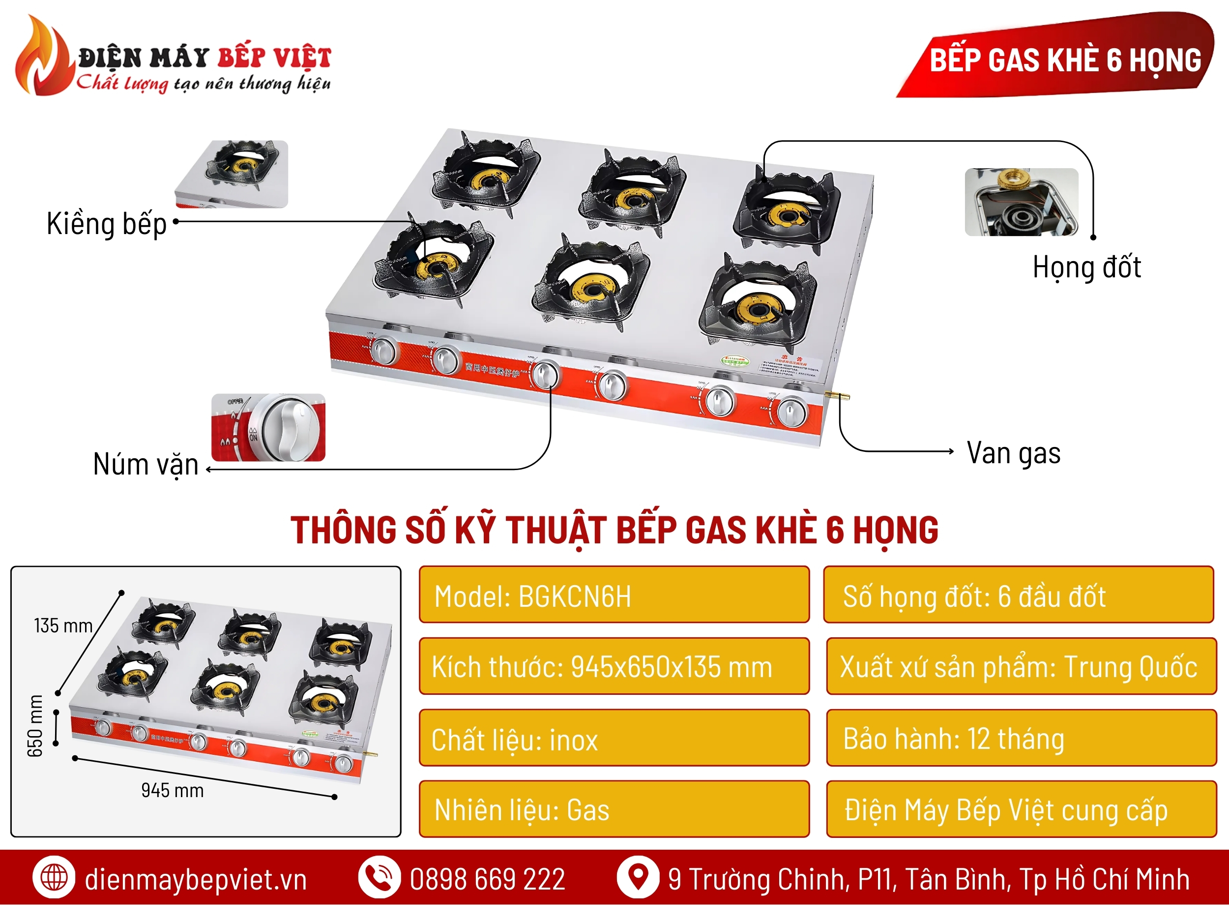 Bếp Gas Công Nghiệp Khè 6 Họng Vuông