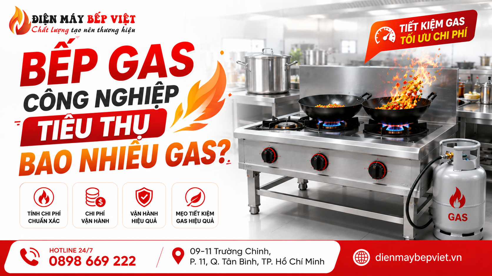 Bếp gas công nghiệp inox đang chế biến món ăn với ngọn lửa lớn trong khu bếp nhà hàng nhằm minh họa lượng gas tiêu thụ và chi phí vận hành thực tế.