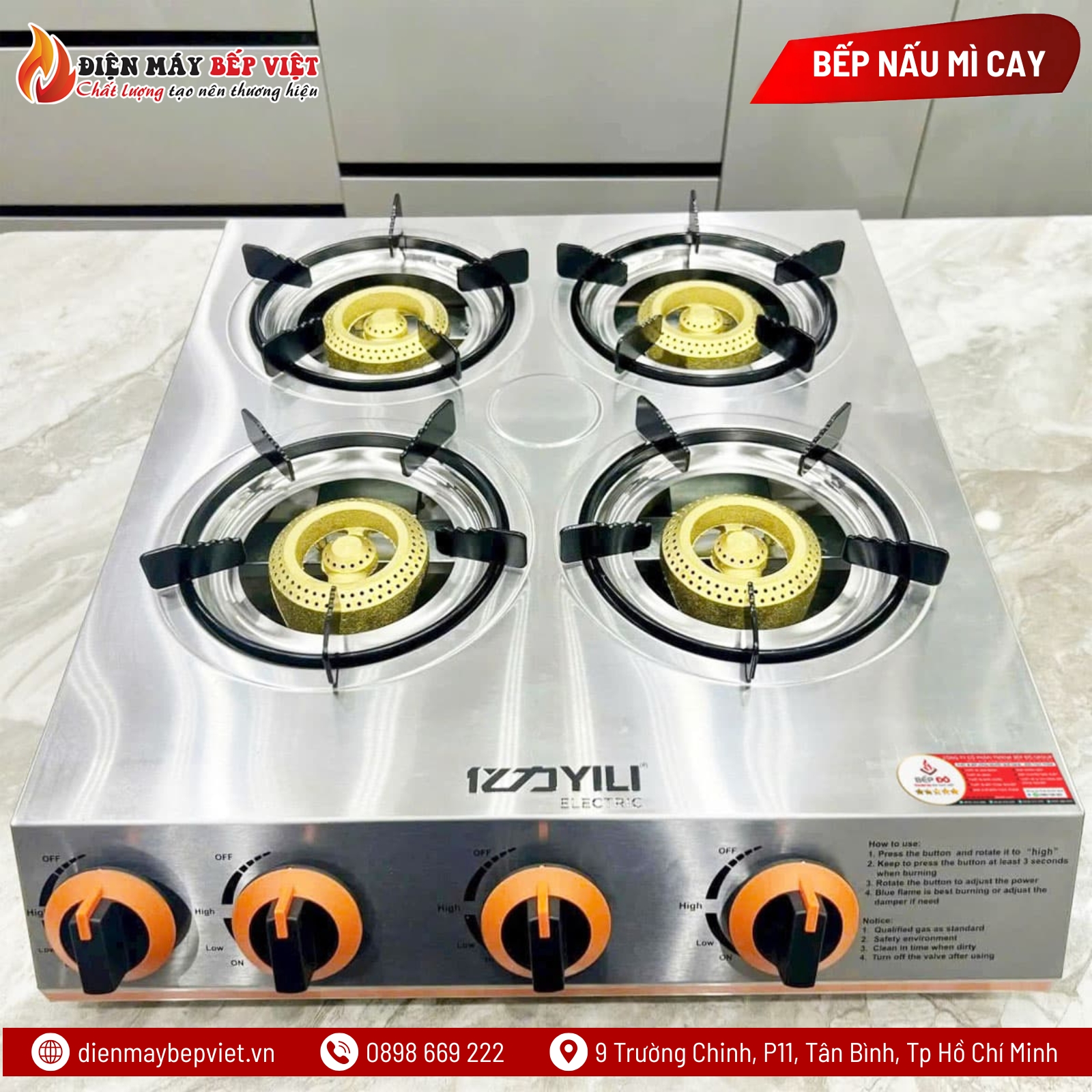 Bếp Gas Mì Cay 4 Họng Vuông Yili 4HS