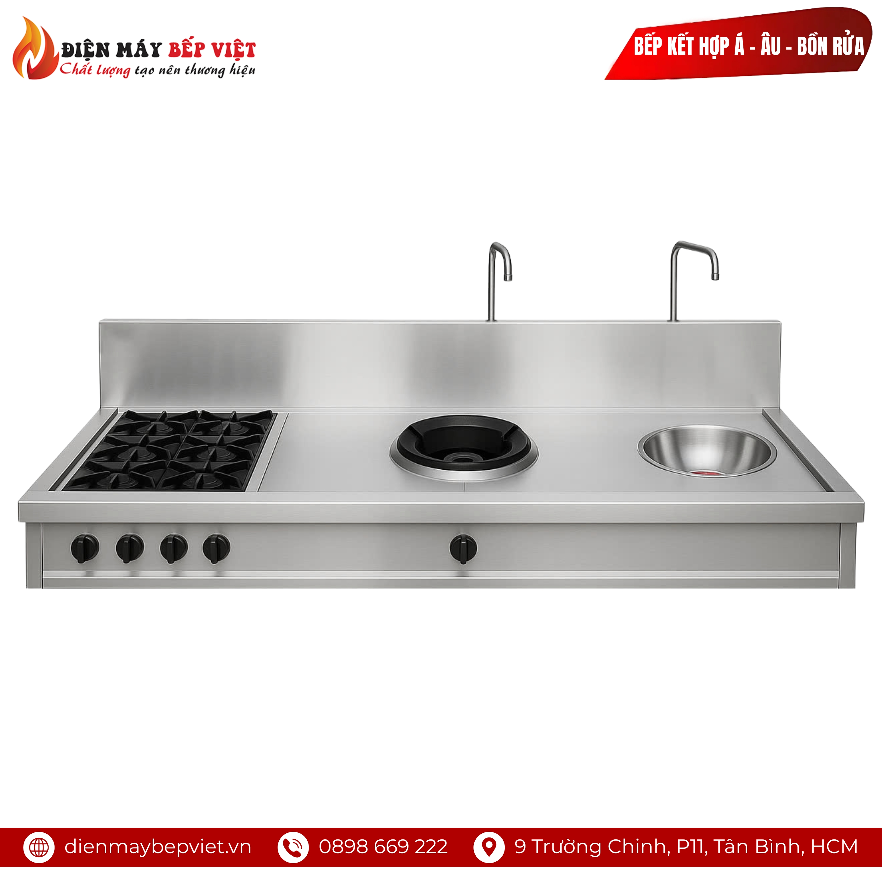 Bếp Kết Hợp 4 Họng Á - 1 Họng Âu - 1 Bồn Rửa Inox