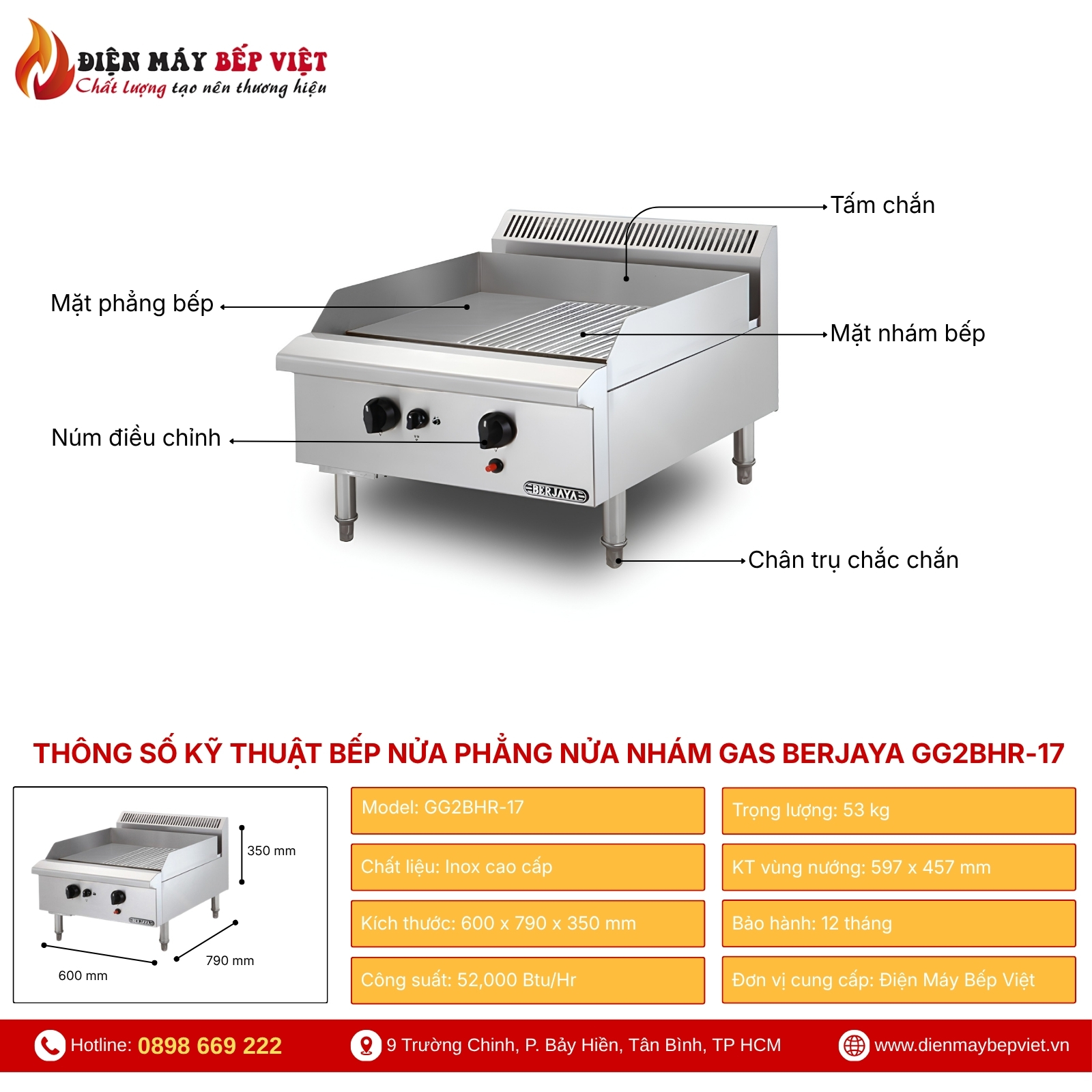 Bếp Nửa Phẳng Nửa Nhám Gas Berjaya GG2BHR-17