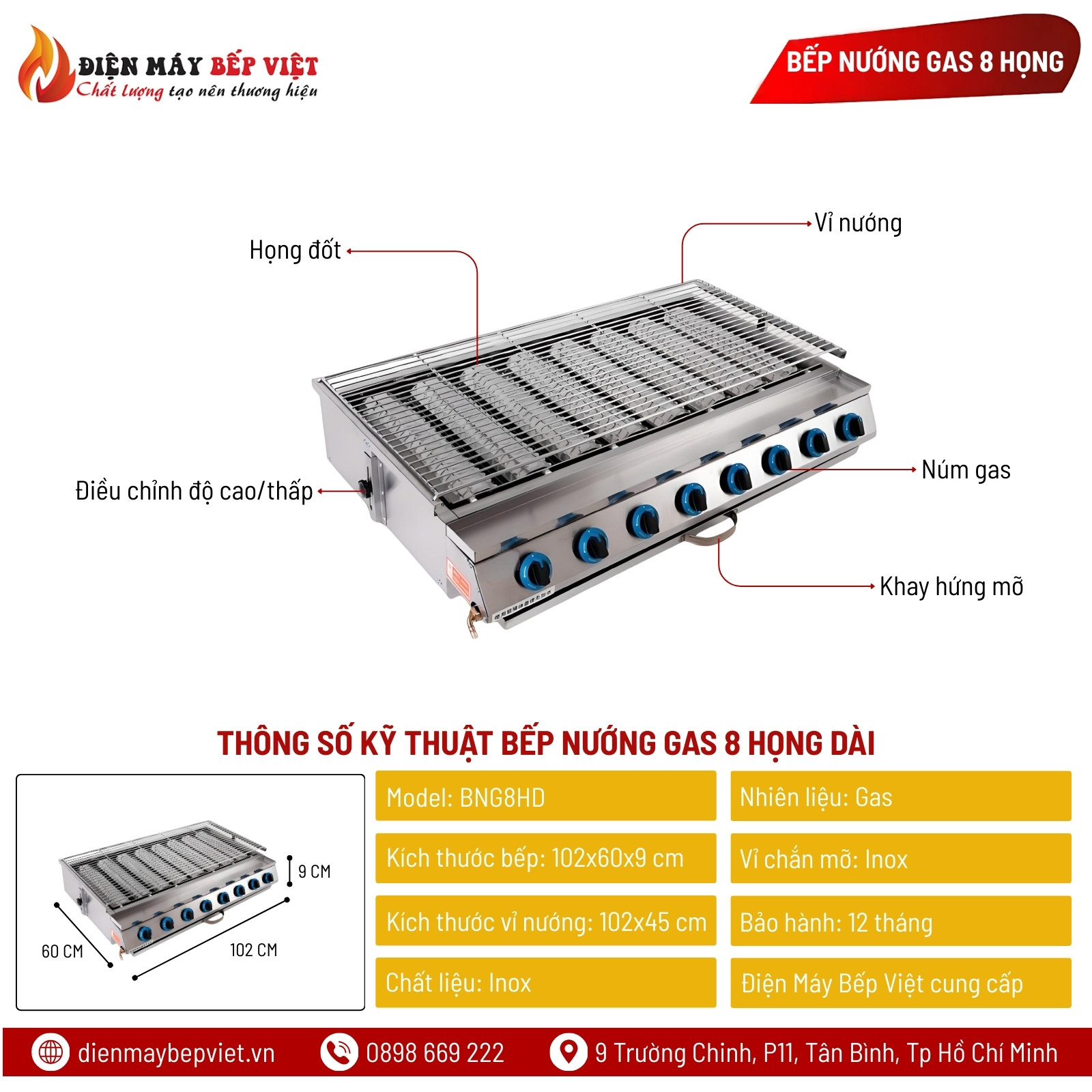 Bếp Nướng Gas 8 Họng Dài