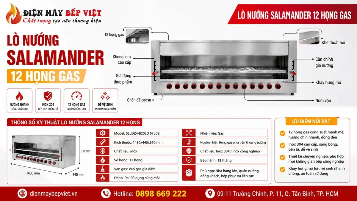 bếp nướng salamander 12 họng gas cho bếp công nghiệp