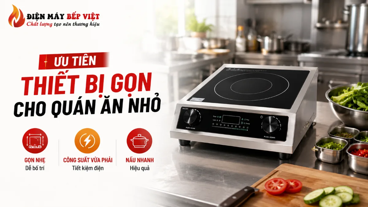 Thiết bị bếp từ công nghiệp gọn cho quán ăn nhỏ với thiết kế tiết kiệm diện tích và dễ bố trí trong khu bếp