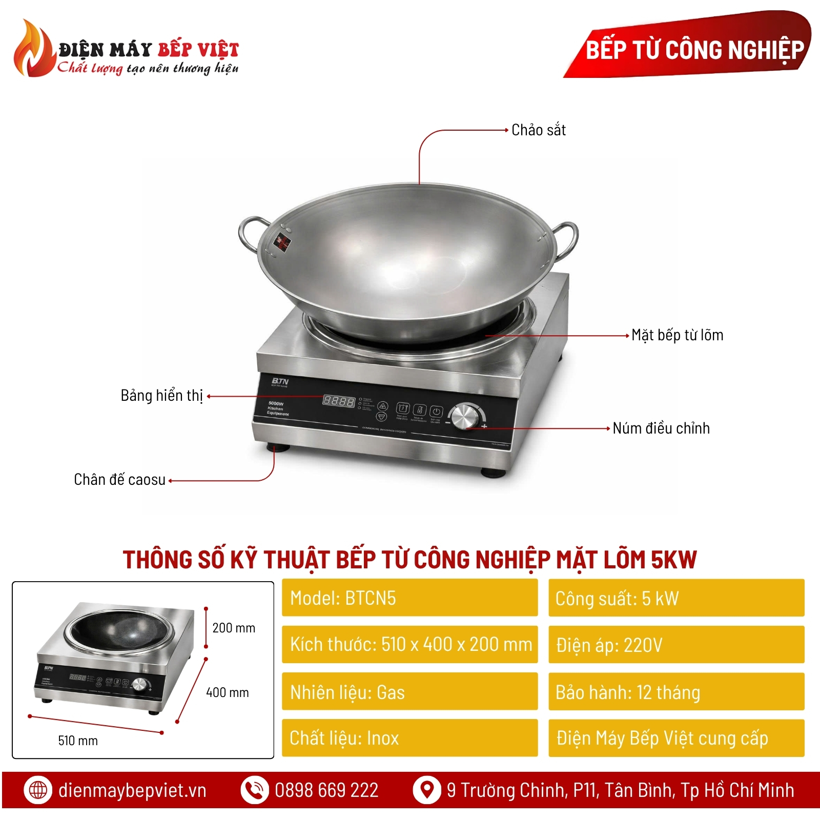 Bếp Từ Công Nghiệp Mặt Lõm 5kw