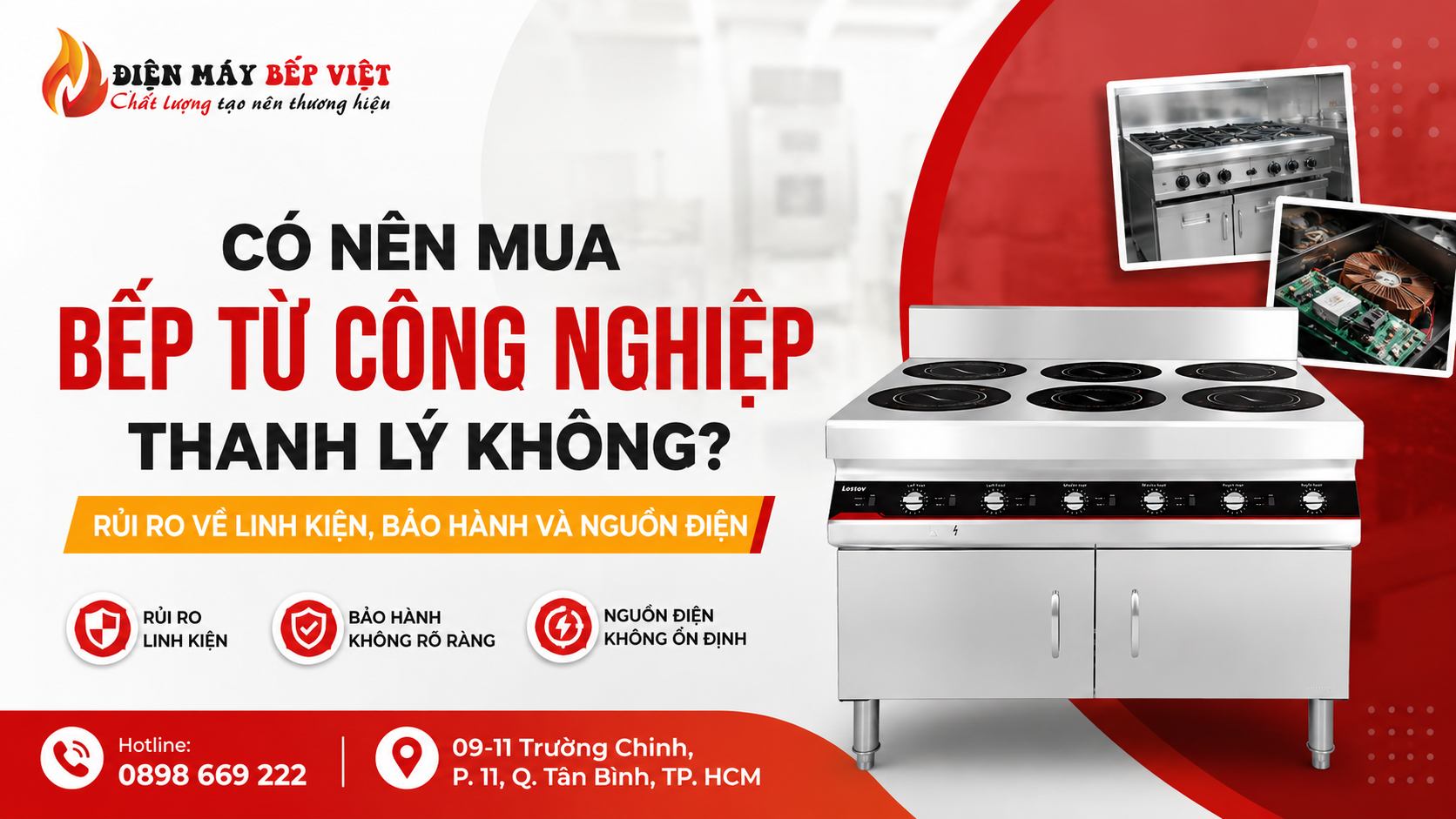 Bếp từ công nghiệp thanh lý inox 6 họng minh họa rủi ro linh kiện, bảo hành và nguồn điện cho nhà hàng quán ăn - Điện Máy Bếp Việt